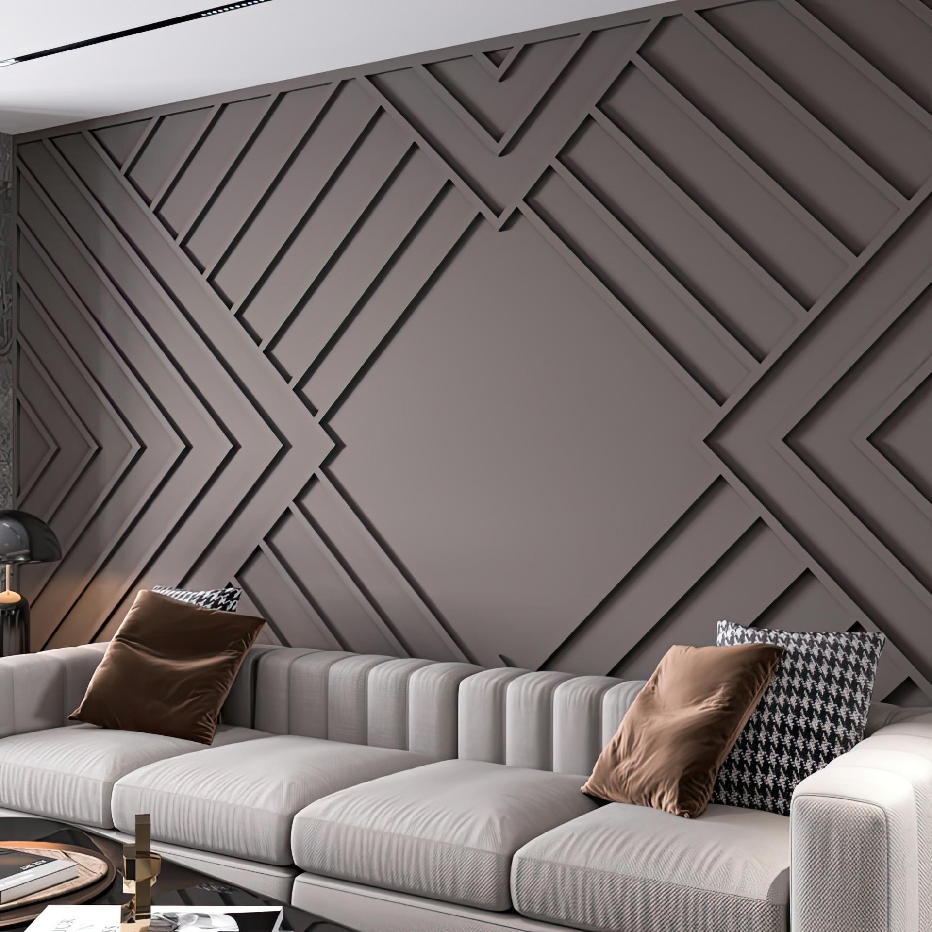 Vizon rengi geometrik diyagonal duvar çıtası paneli önünde krem rengi modern koltuk ve kırlentler