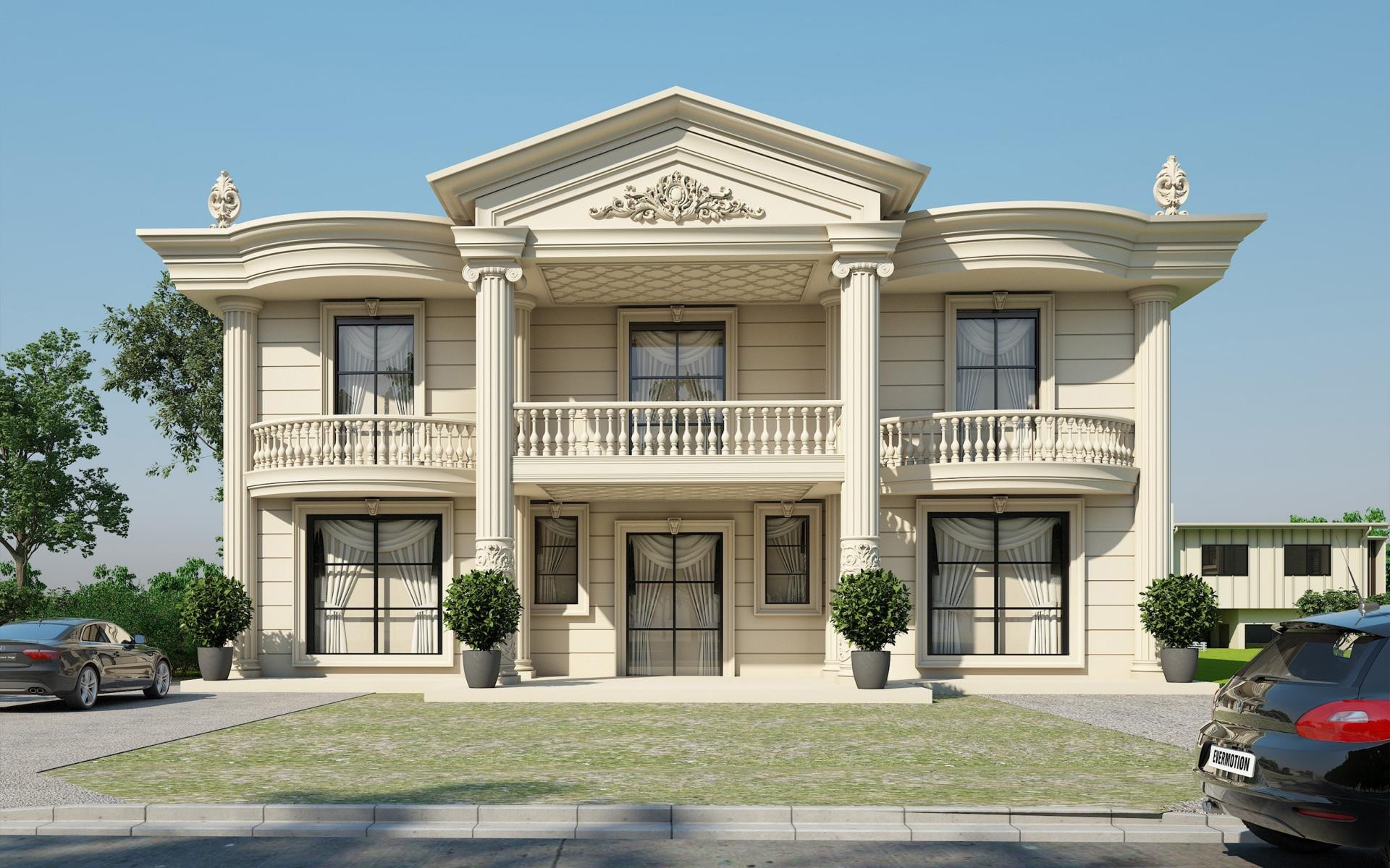 Krem rengi klasik villa dış cephesinde yivli sütunlar, oymalı pediment ve pencere etrafı kilit taşlı söve kaplamaları.