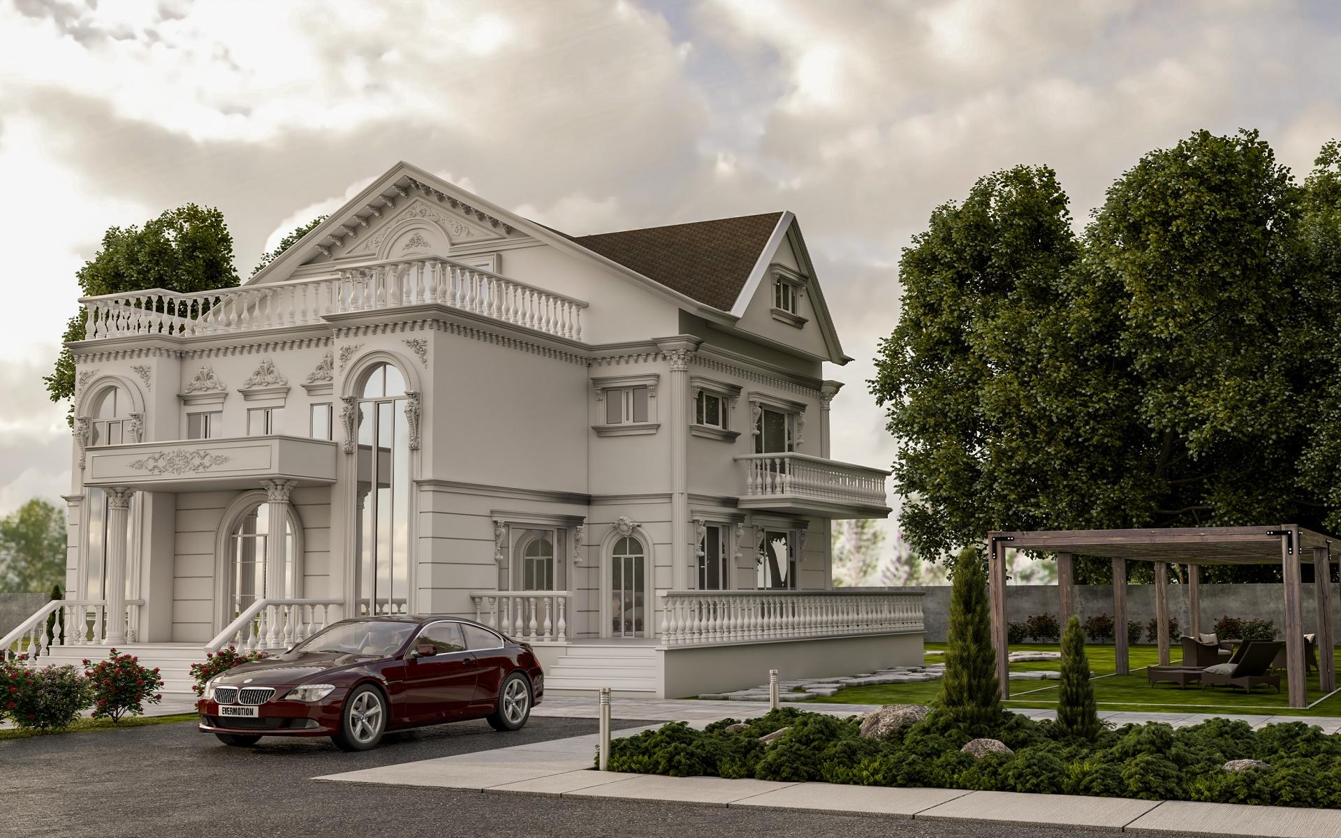 Beyaz renkli klasik villa dış cephesinde balustrad korkuluklar, pencere taç söveleri, çatı payandaları ve park halinde kırmızı otomobil.