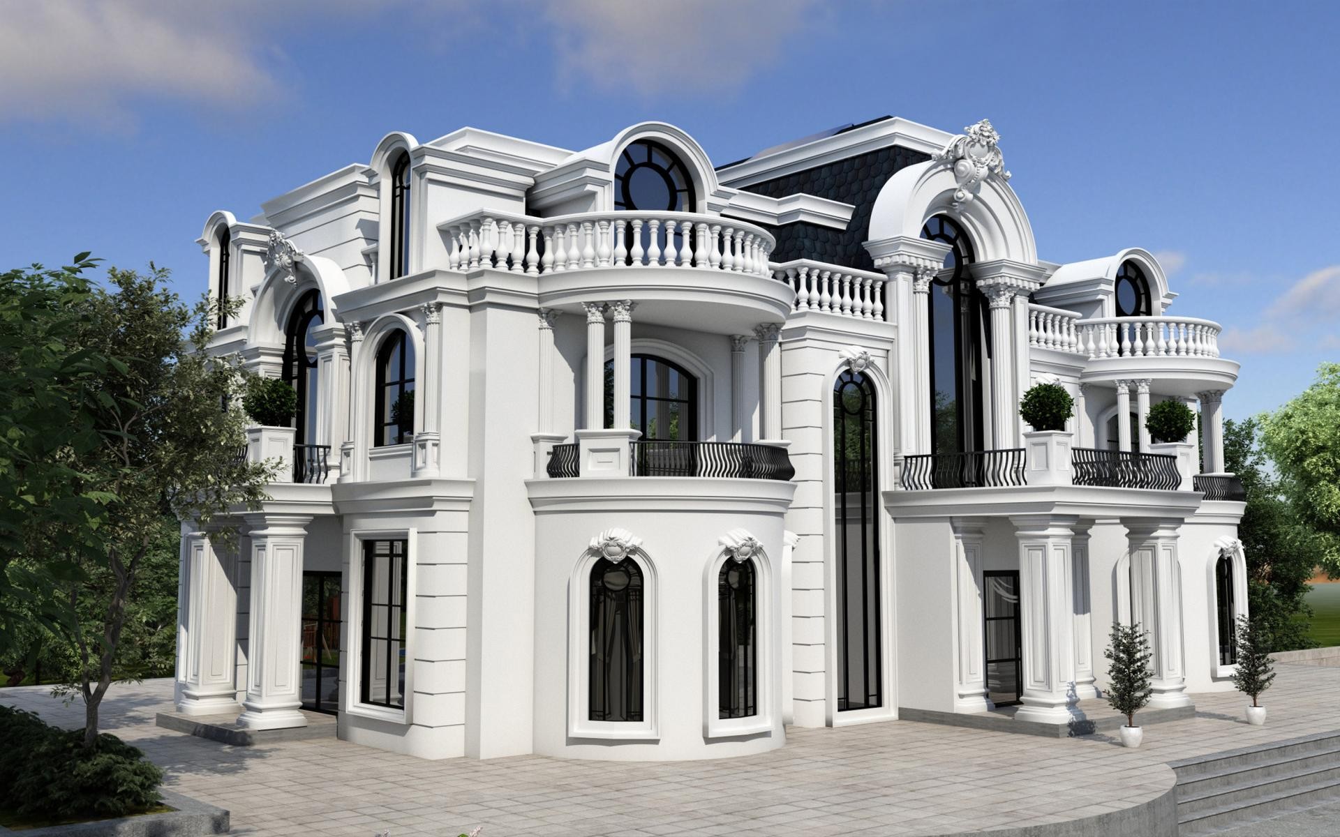 Fransız şato tarzı beyaz villa dış cephesinde kemerli pencere söveleri, oymalı taç motifleri, sütunlar ve balustrad balkonlar.