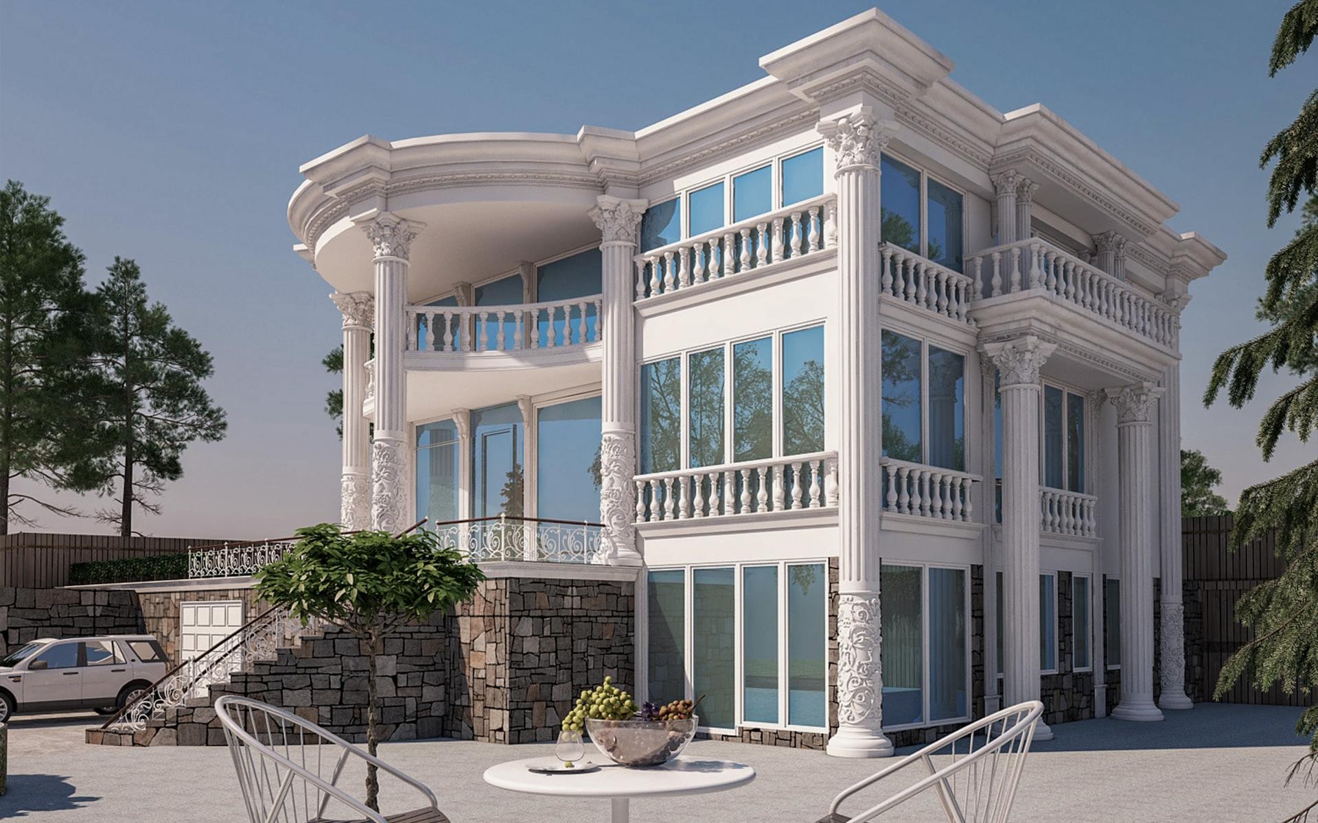 Doğal taş zemin katlı 3 katlı modern klasik villa cephesinde korint sütunlar, mavi camlı pencereler ve balustrad korkuluklar.