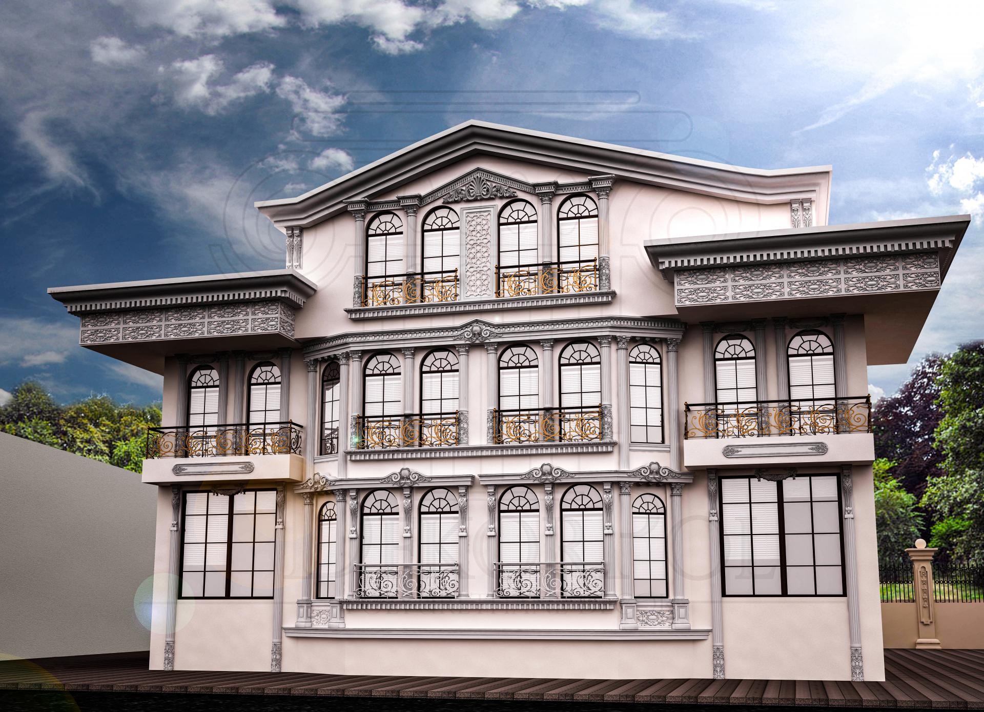 Neoklasik tarzda üç katlı lüks villanın dış cephesinde kullanılan grey ve krem renkli poliüretan söve, pencere tacı, pilaster ve kat silmesi detayları.