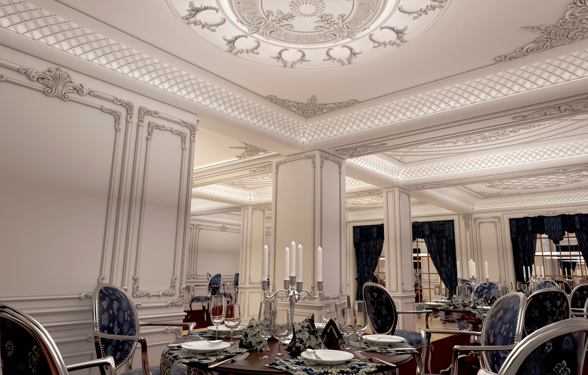 Lüks restoran masasının arka planında uygulanan poliüretan duvar çıta panelleri, oymalı tavan göbeği ve gizli ışık kartonpiyerleri.