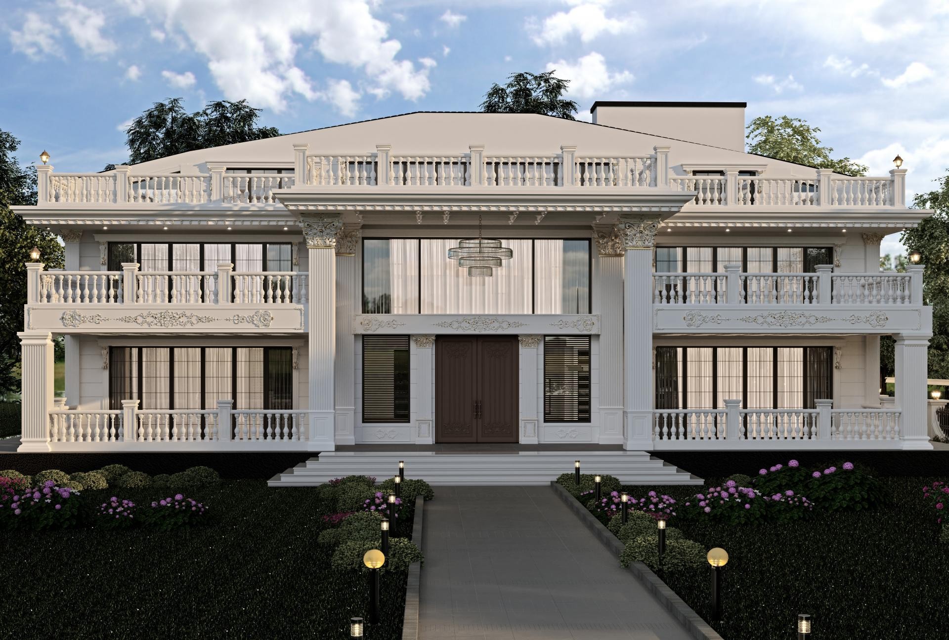 Klasik villa dış cephesinde Korint başlıklı sütunlar, desenli bordürler ve beyaz balustrad korkuluklar