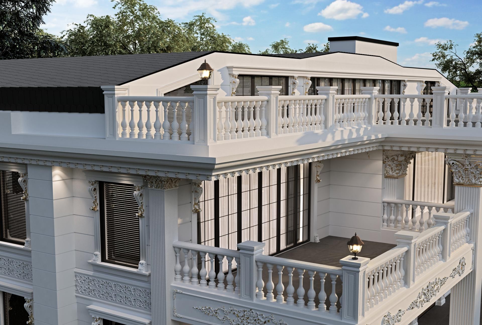 Villa çatı terasında balustrad korkuluklar, altın detaylı payandalar ve söveli pencere tasarımı