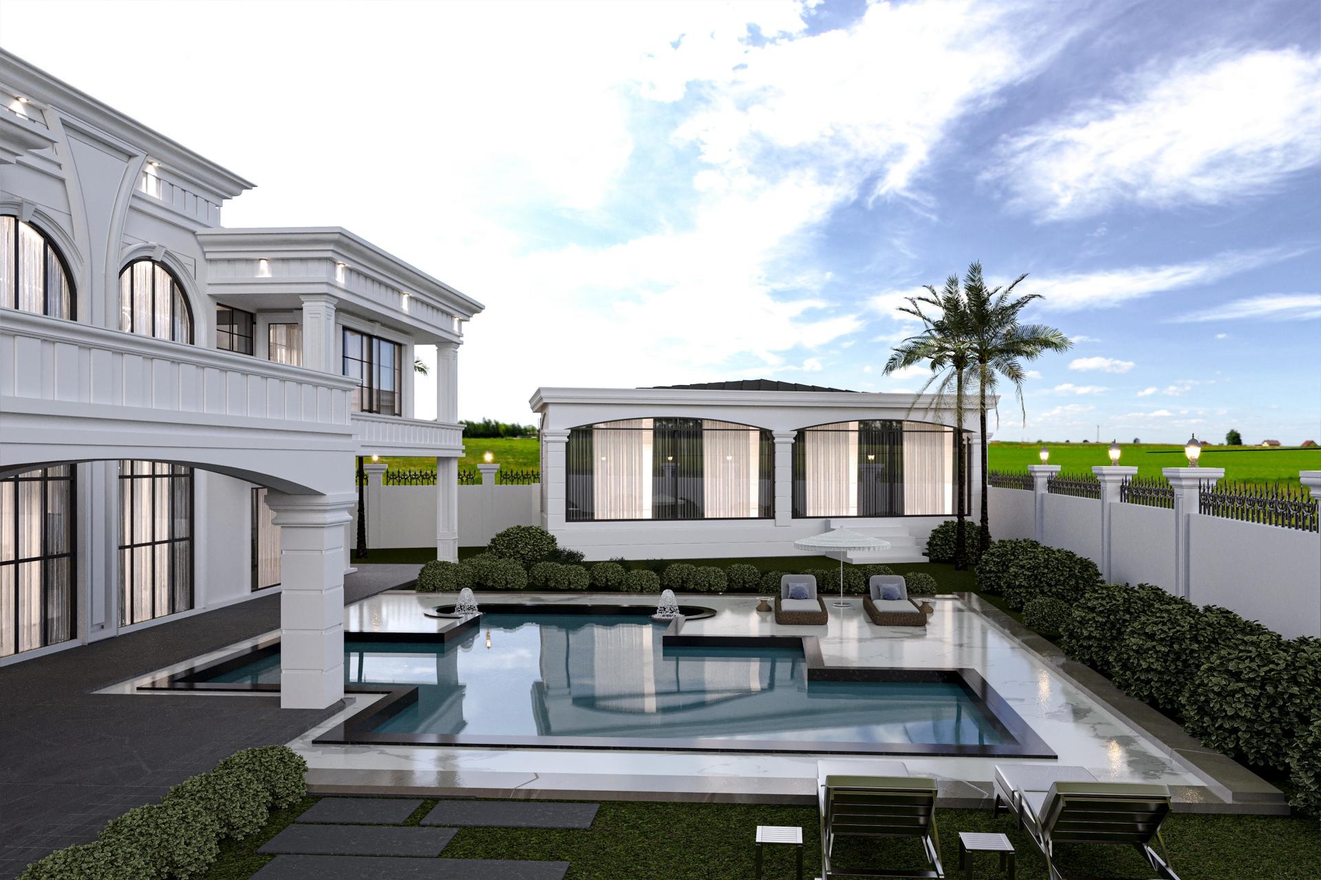 Lüks villa bahçesinde L formlu havuz, kemerli pencere söveleri ve beyaz dış cephe kaplaması