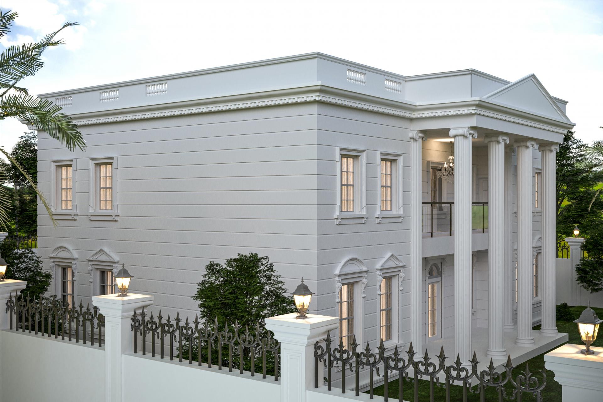 İki katlı klasik beyaz villada flütlü dev sütunlar, dairesel taçlı pencere söveleri ve üçgen alınlık