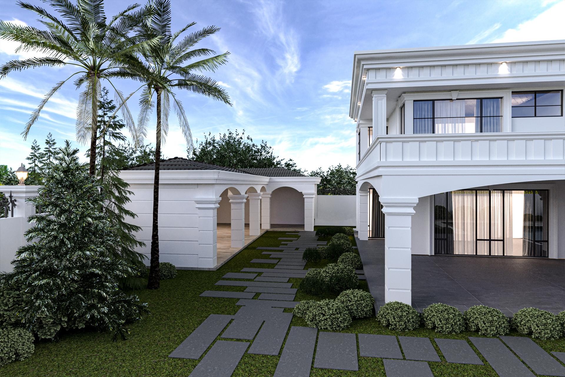 Modern neoklasik villada veranda sütun ayakları, korniş profilleri ve kemerli arkad sundurma
