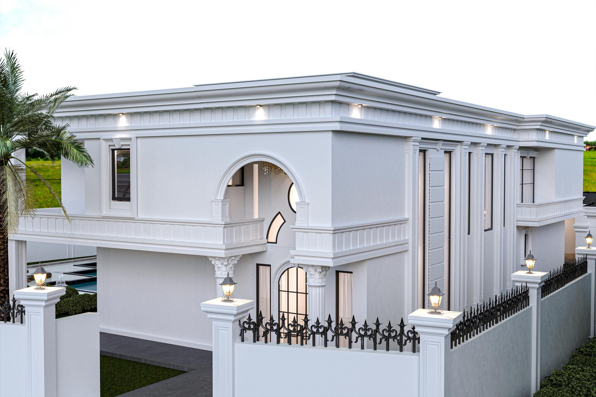 Kemerli girişi ve dikey oluklu pilaster söveleri bulunan beyaz villanın dış cephe kat silmesi ve aydınlatma detayları