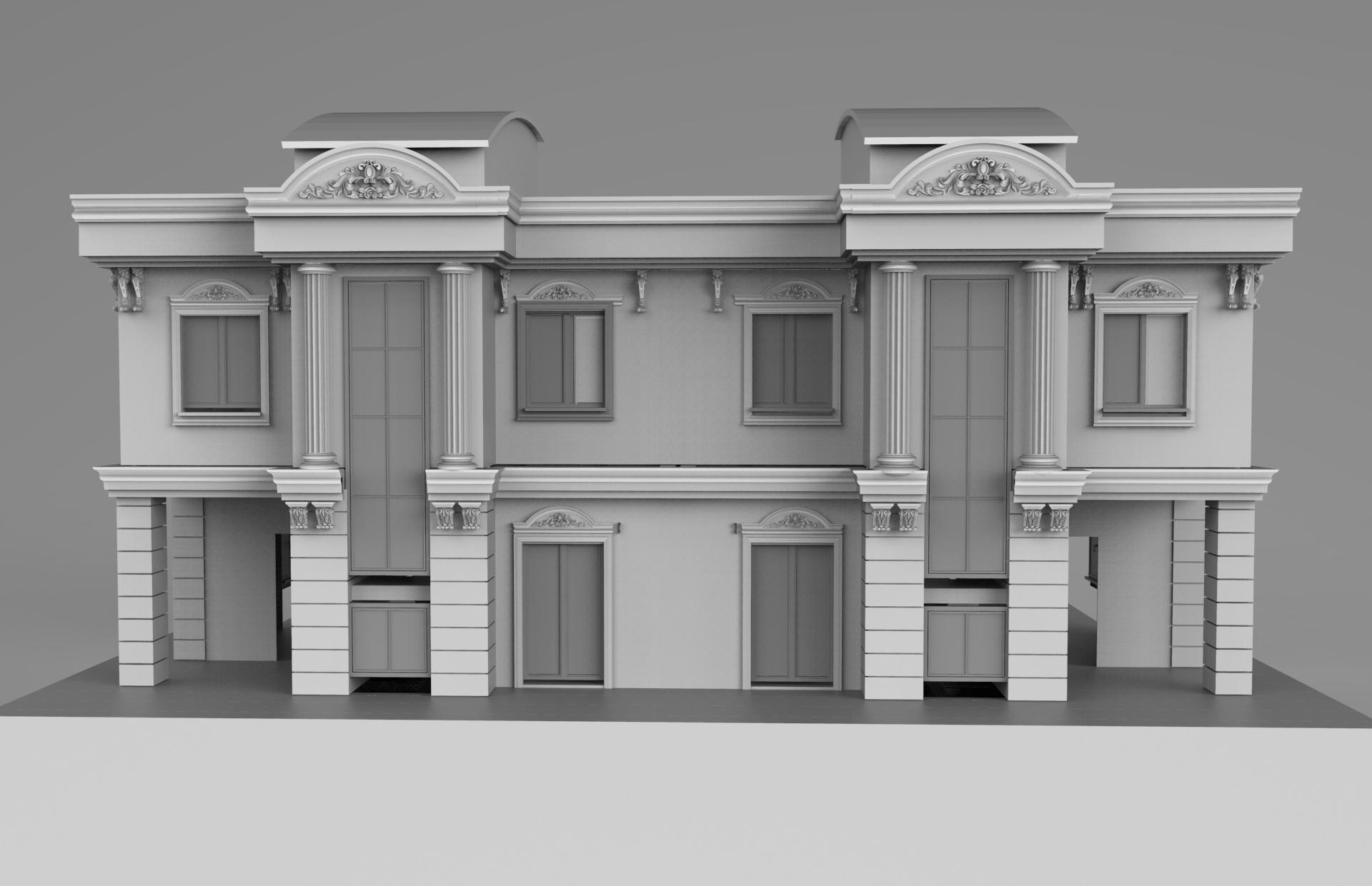 İki katlı simetrik klasik villa cephesinde yivli sütunlar, pencere taçları, konsollar ve poliüretan söve 3D çizimi.