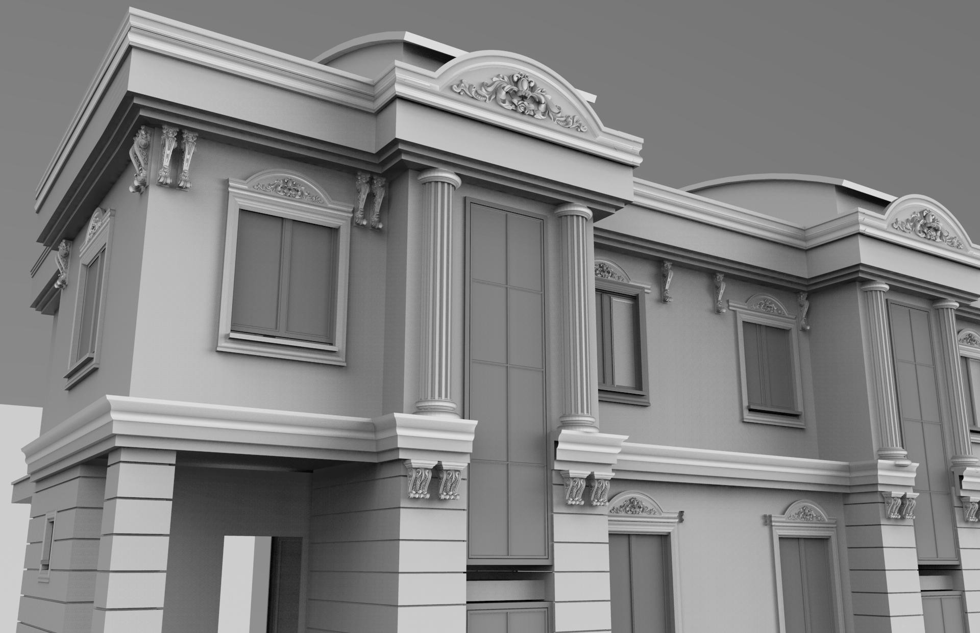 Klasik iki katlı binada yivli sütunlar, çiftli payandalar, kat silmesi ve süslü taçlı söve modellerinin açılı 3D görünümü.
