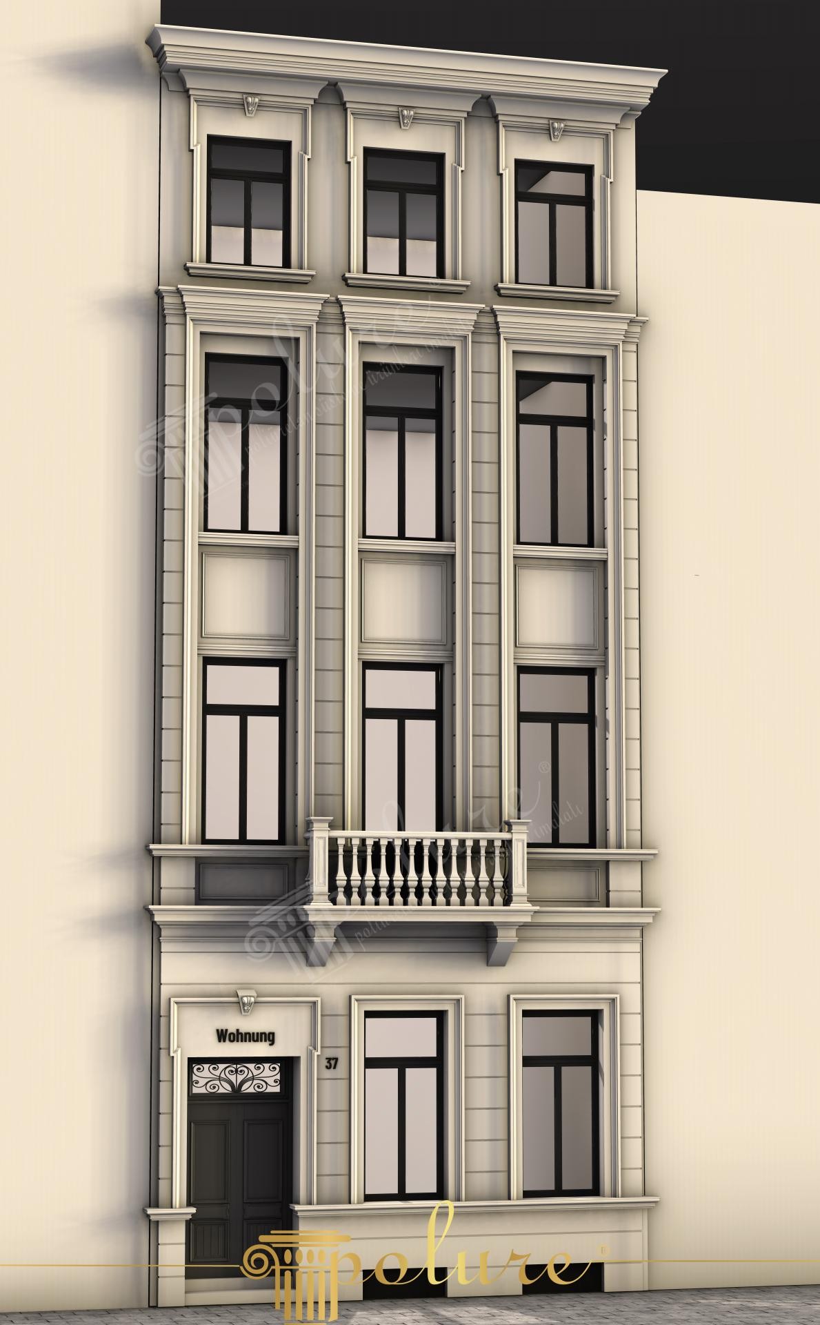 Çok katlı neoklasik apartman bina cephesinde poliüretan söve pencere çerçeveleri, balkon ve çatı korniş kaplama tasarımı