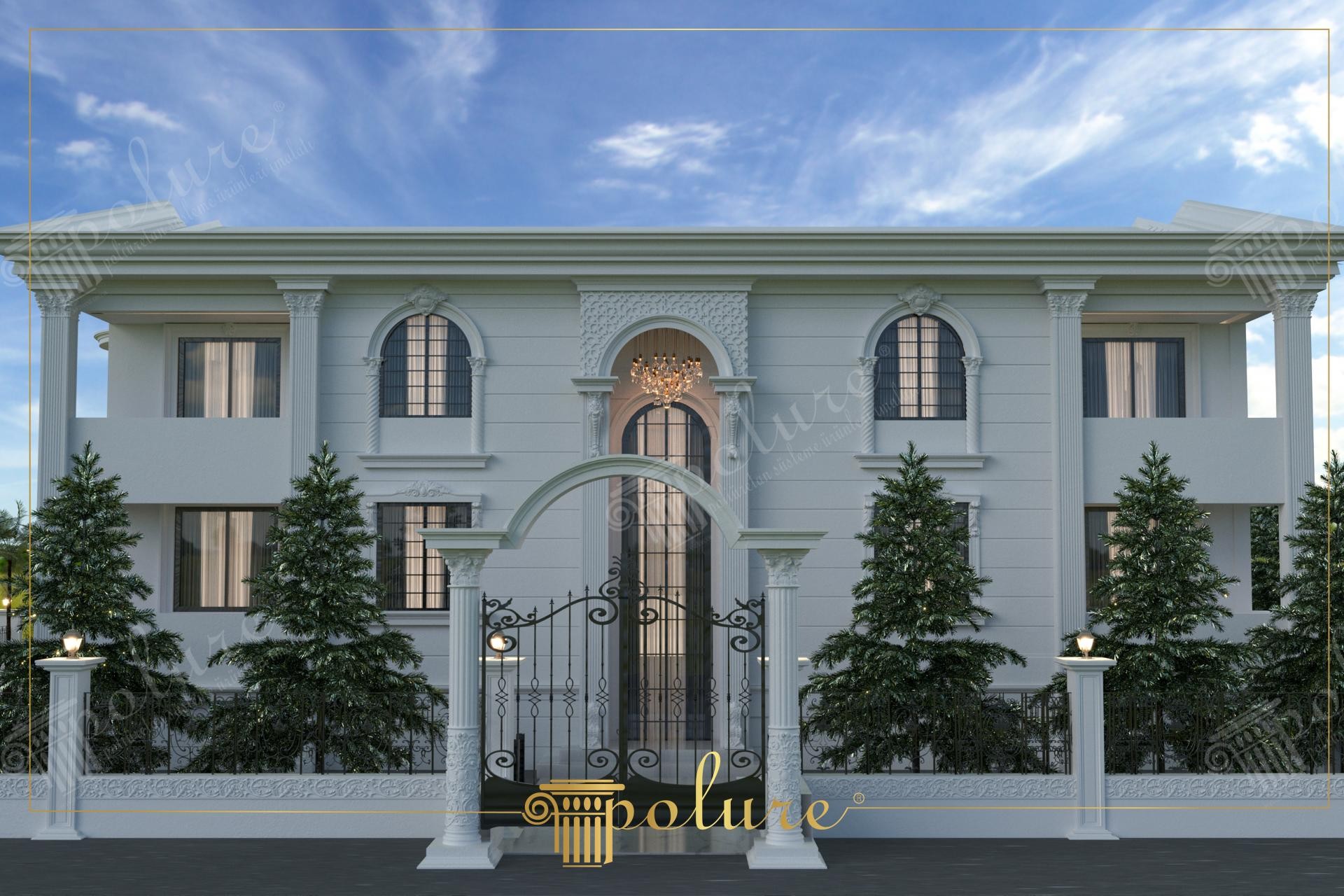 Kemerli pencereleri, dekoratif sütunları ve giriş takı bulunan lüks beyaz villa dış cephe poliüretan söve kaplaması.