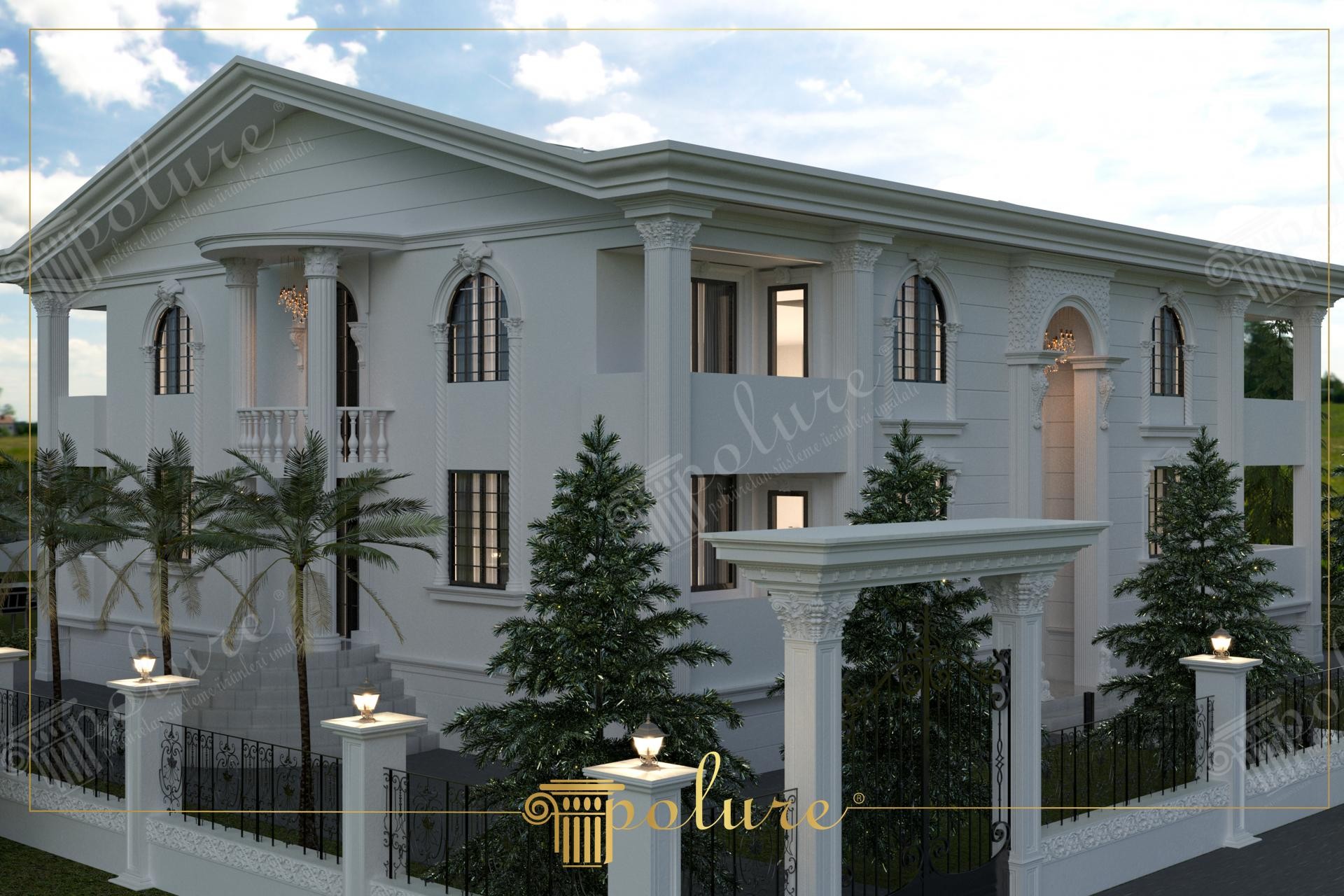 Yan açıdan görünen balkonlu, kemerli pencereli ve sütunlu lüks villa dış cephe poliüretan söve kaplaması.
