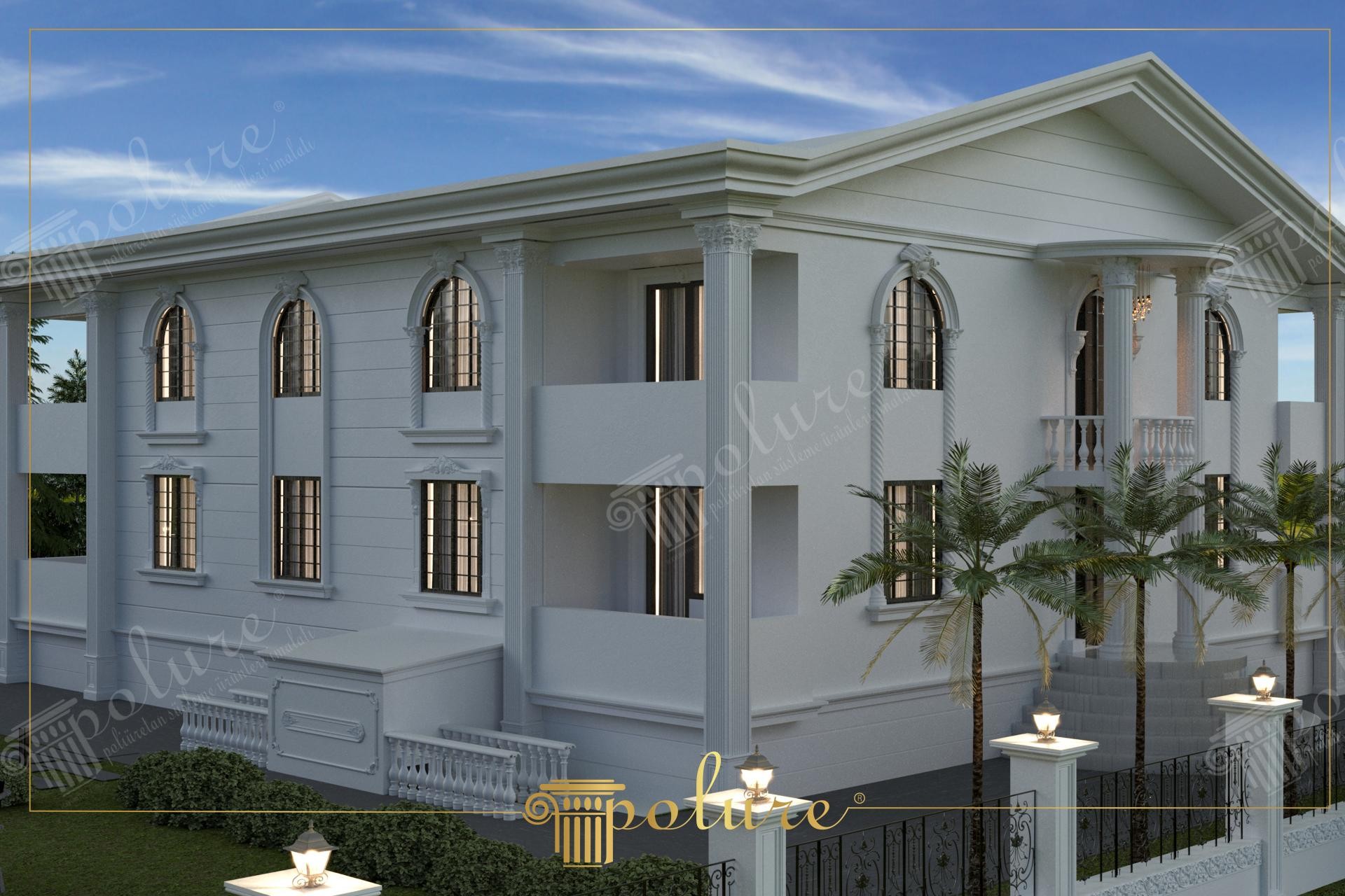 Yan cephedeki kemerli pencere söveleri, alt kat balustrad korkulukları ve sütunlu verandası olan lüks villa dış cephe kaplaması.