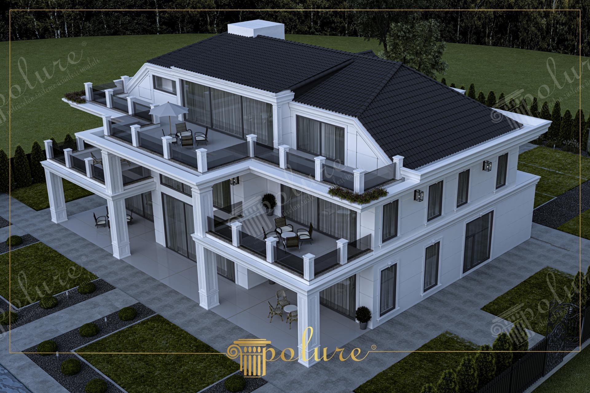 Kuş bakışı açıdan görünen, teraslı, cam korkuluklu ve geniş pencere söveli modern beyaz villa dış cephe kaplaması.