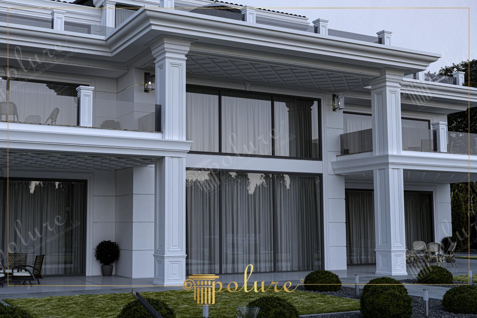 Veranda alanında kare yivli sütunları, baklava desenli kaset tavanı ve pencere söveleri bulunan lüks villa cephe kaplaması.