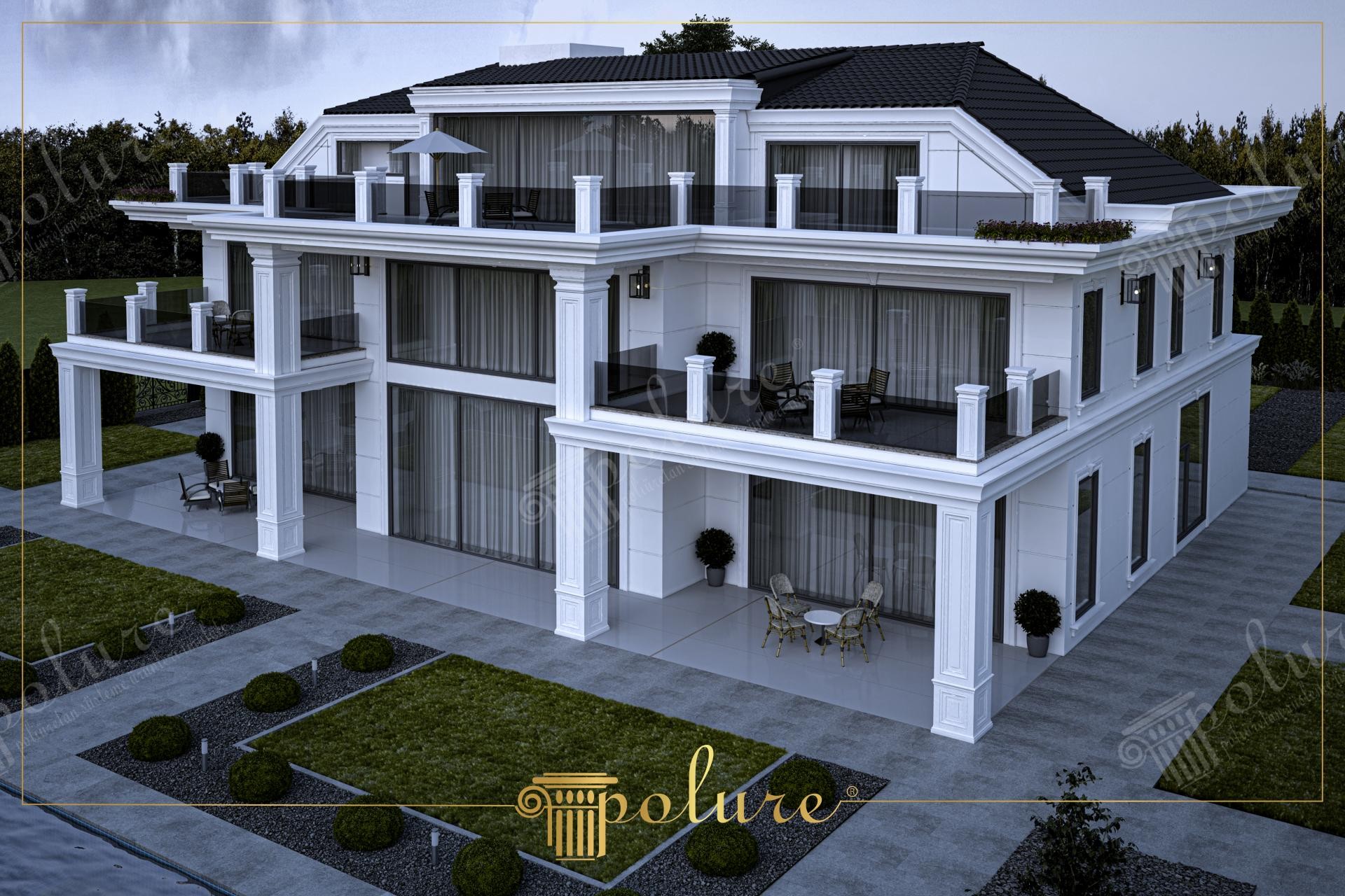 Yüksek açıdan görünen, bahçeli, teraslı ve geniş cam söveli çok katlı modern lüks villa dış cephe kaplaması.