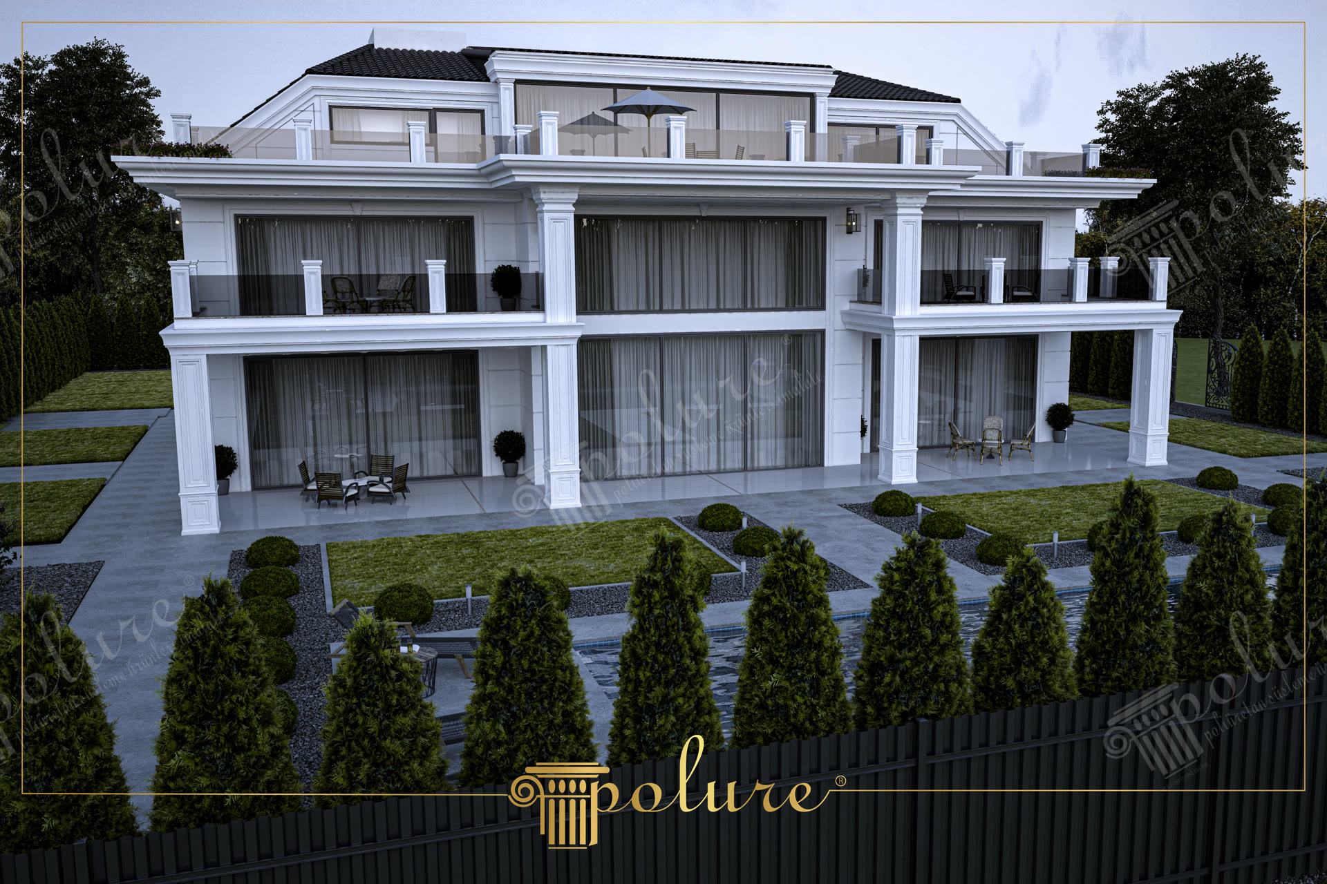 Tam ön cepheden görünen, havuzlu, çam ağaçlı ve geniş cam söveli modern lüks villa dış cephe kaplaması.