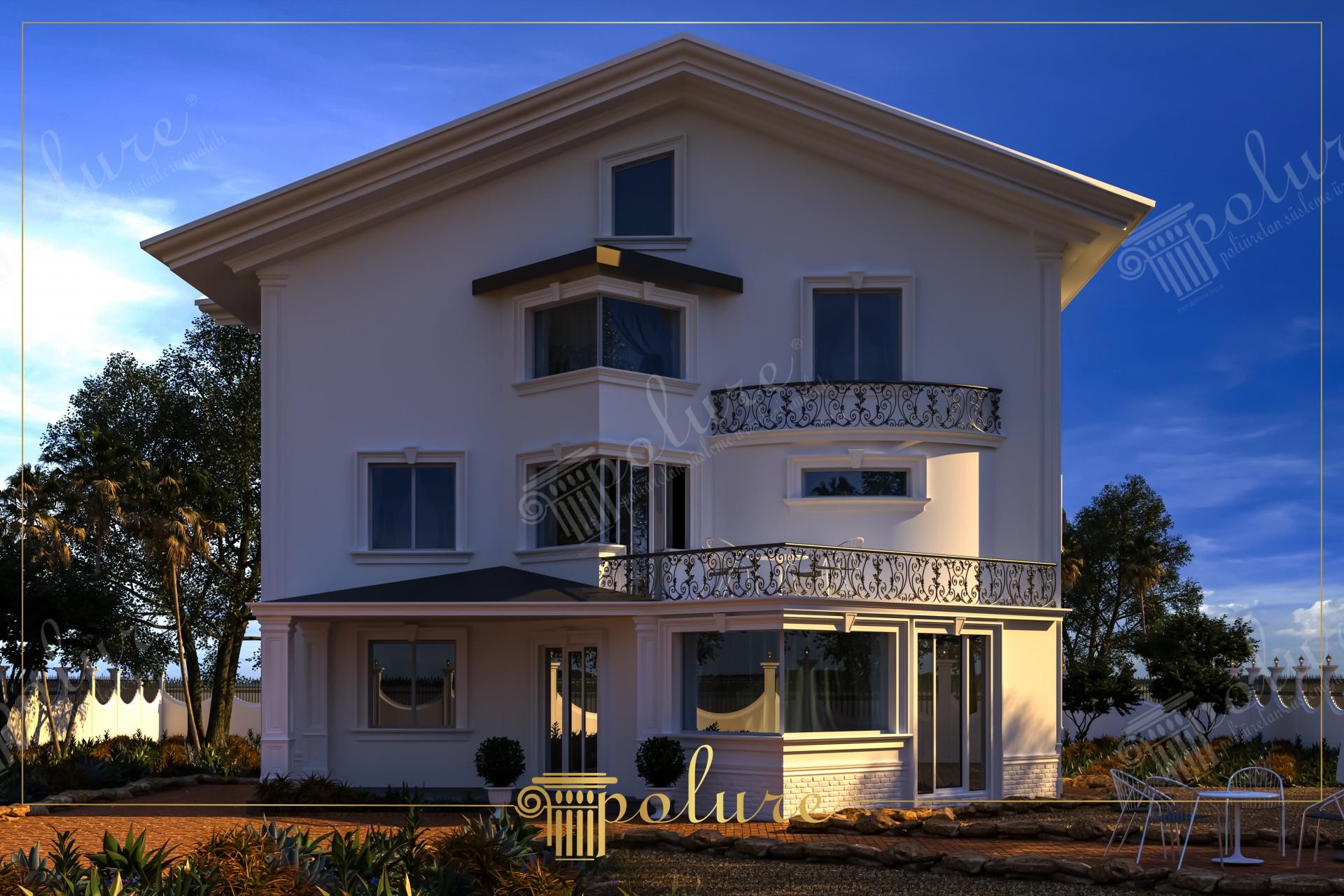 Gün batımı ışığında cumbası, kavisli ferforje balkonu ve pencere söveleri görünen üç katlı beyaz müstakil villa cephe kaplaması.