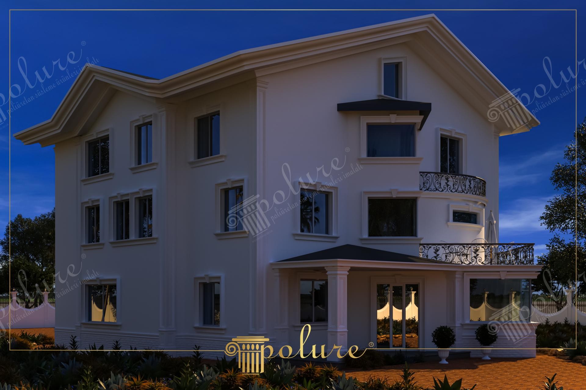 Gece aydınlatmasında beyaz dış cephesi, pencere söveleri, köşe sütunları ve ferforje balkonlu modern villa görünümü.