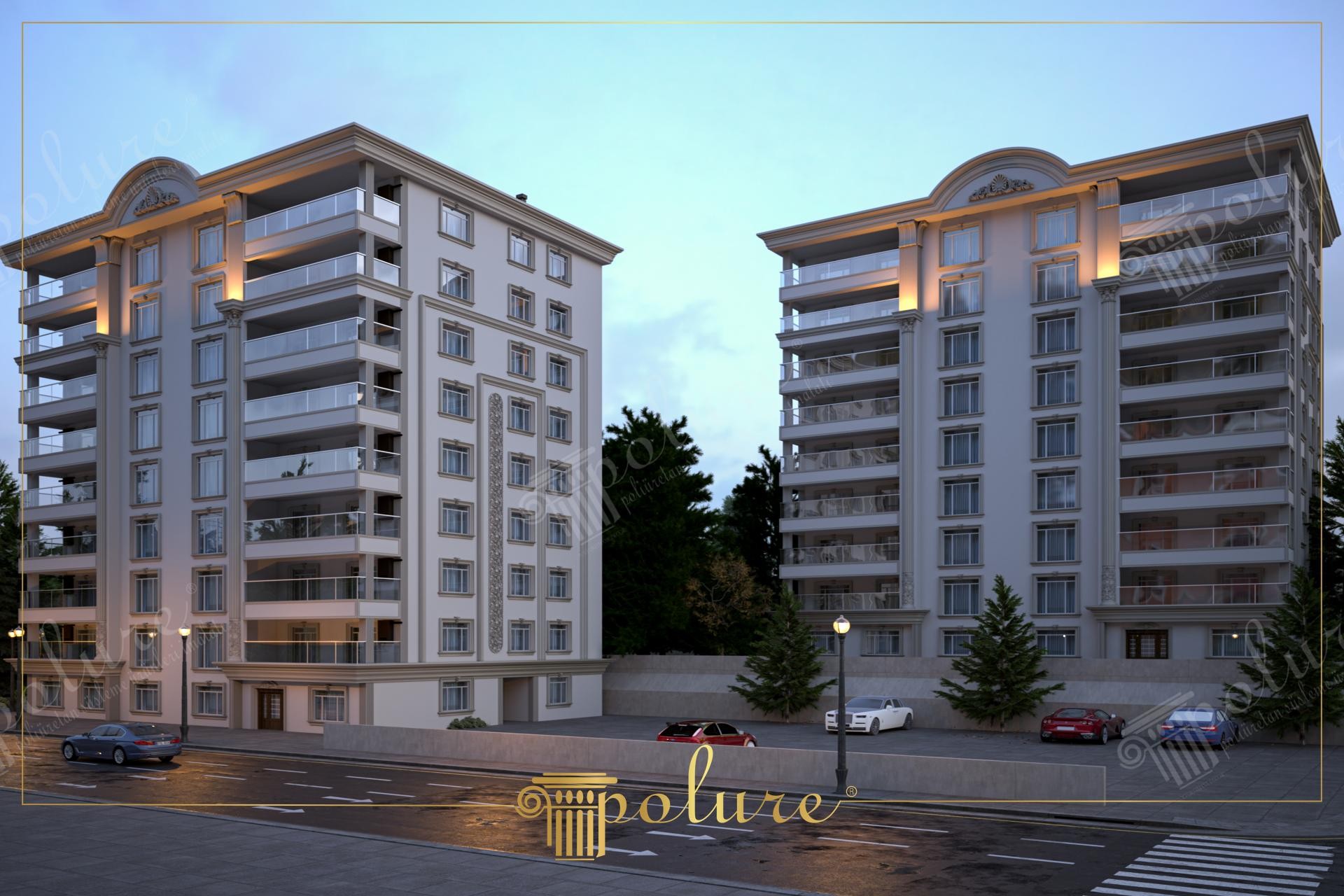 Alacakaranlıkta iki bloklu ikiz konut sitesinin poliüretan pencere söveleri, pilaster sütunları ve çatı taçlı dış cephesi.