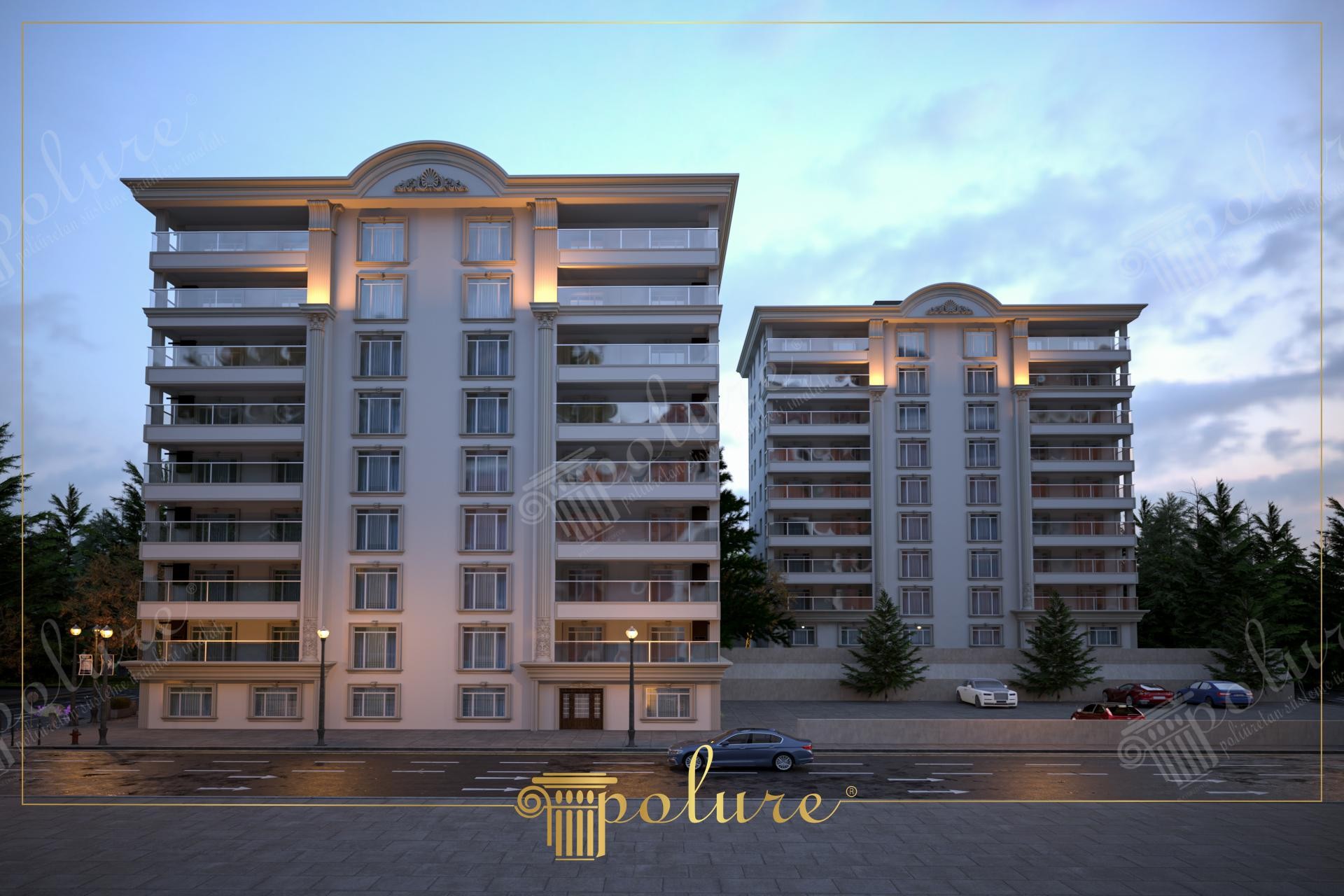 Gece aydınlatmasında iki bloklu konut projesinin poliüretan pencere söveleri, yivli pilaster sütunları ve çatı taçlı ön cephe görünümü.