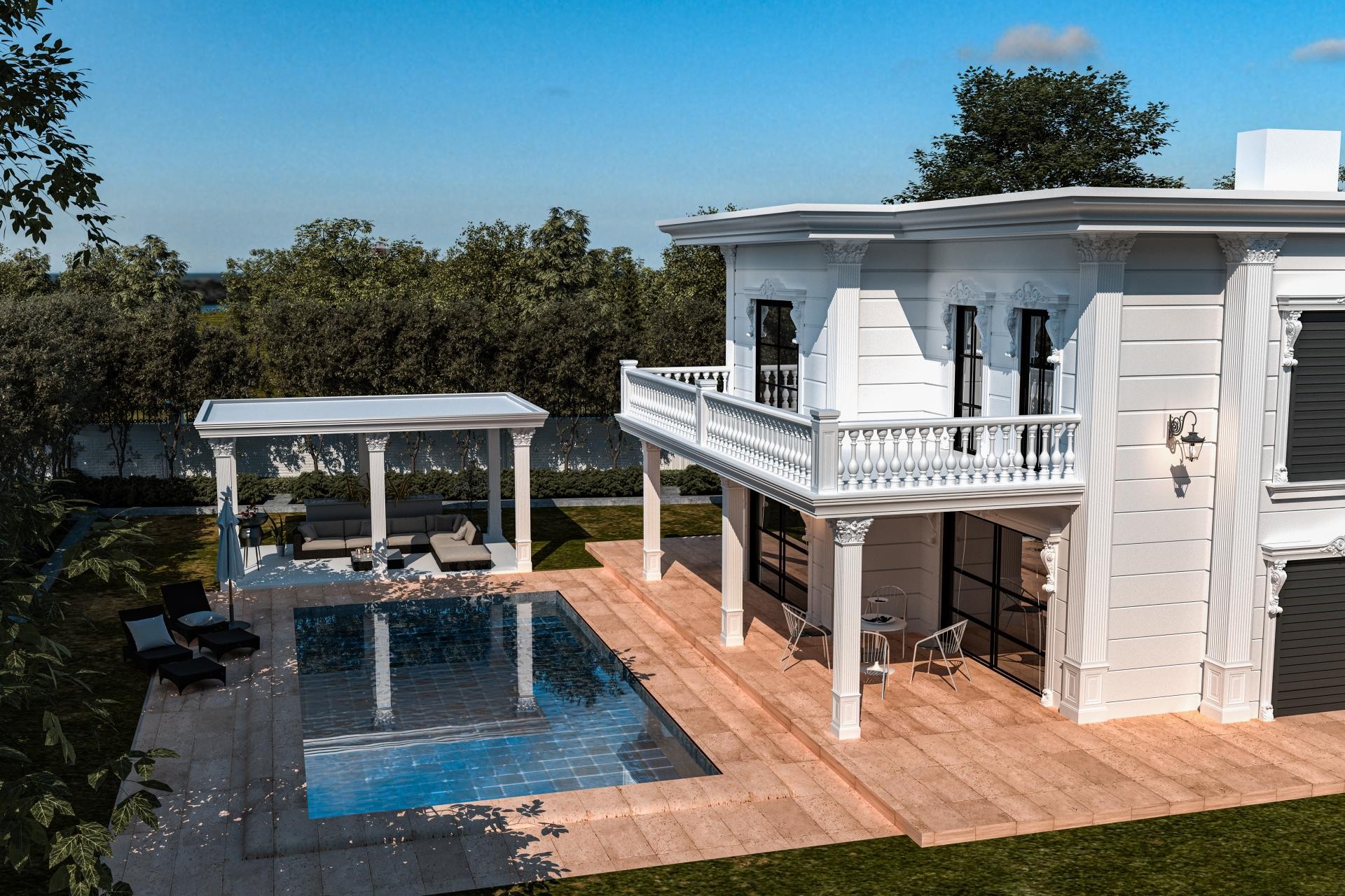 Gündüz ışığında yüzme havuzlu, balustrad teraslı, yivli sütunlu ve söve taçlı beyaz villa arka cephe görünümü.