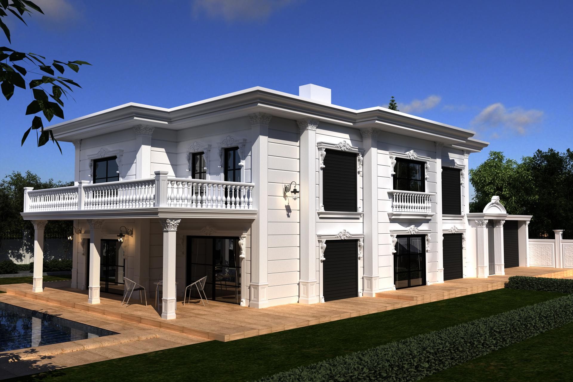 Gündüz açısında oymalı poliüretan pencere taçları, balustrad teras ve kare sütun kaplamaları bulunan neoklasik beyaz villa.