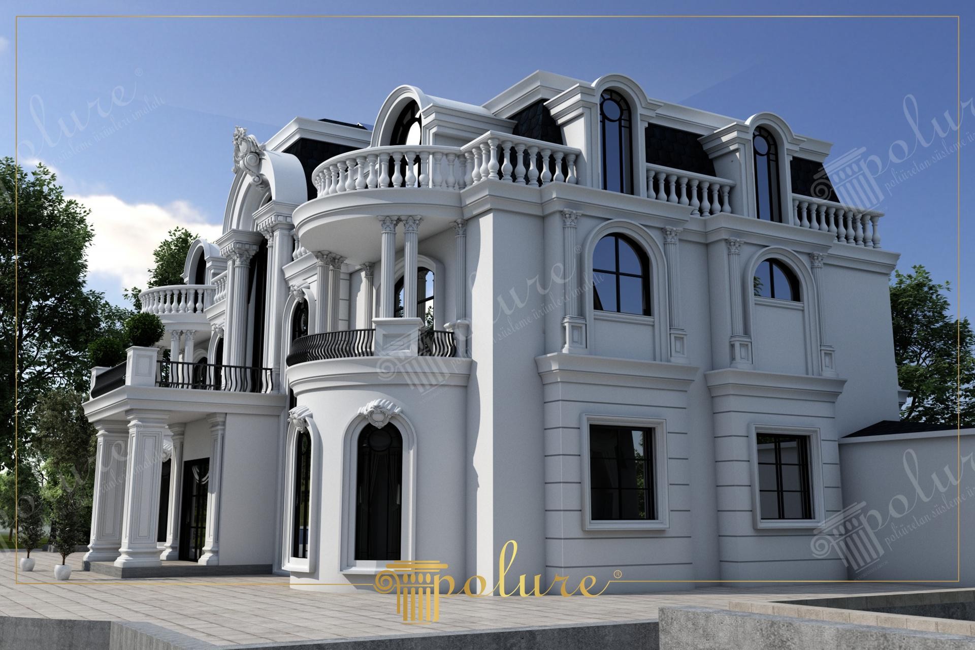 Neoklasik villa yan cephesinde kavisli balkon balustradları ve poliüretan söve profilleri