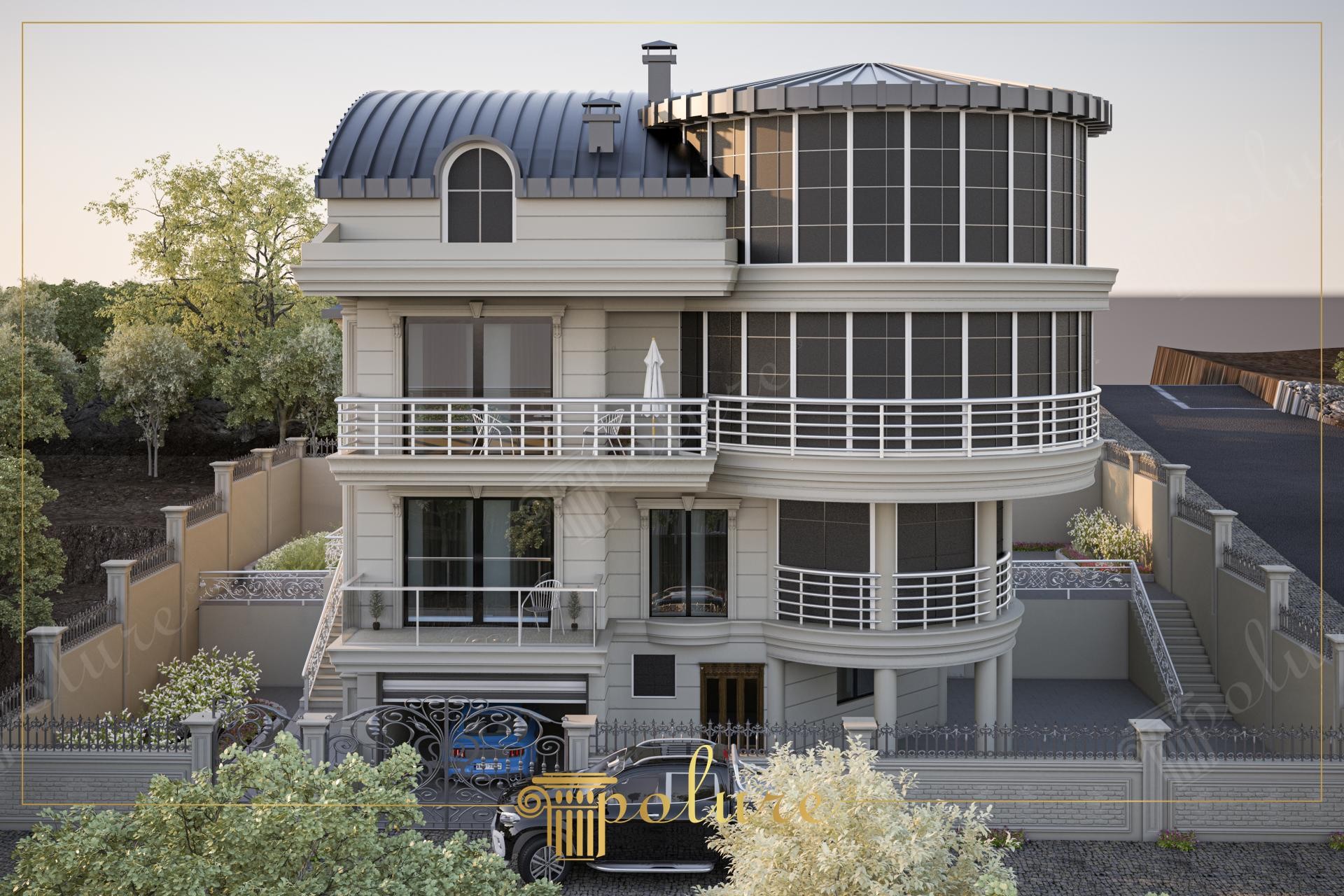 Dairesel cam kuleli ve mansard çatılı modern villa dış cephesinde kavisli poliüretan kat silmeleri ve taçlı pencere söveleri