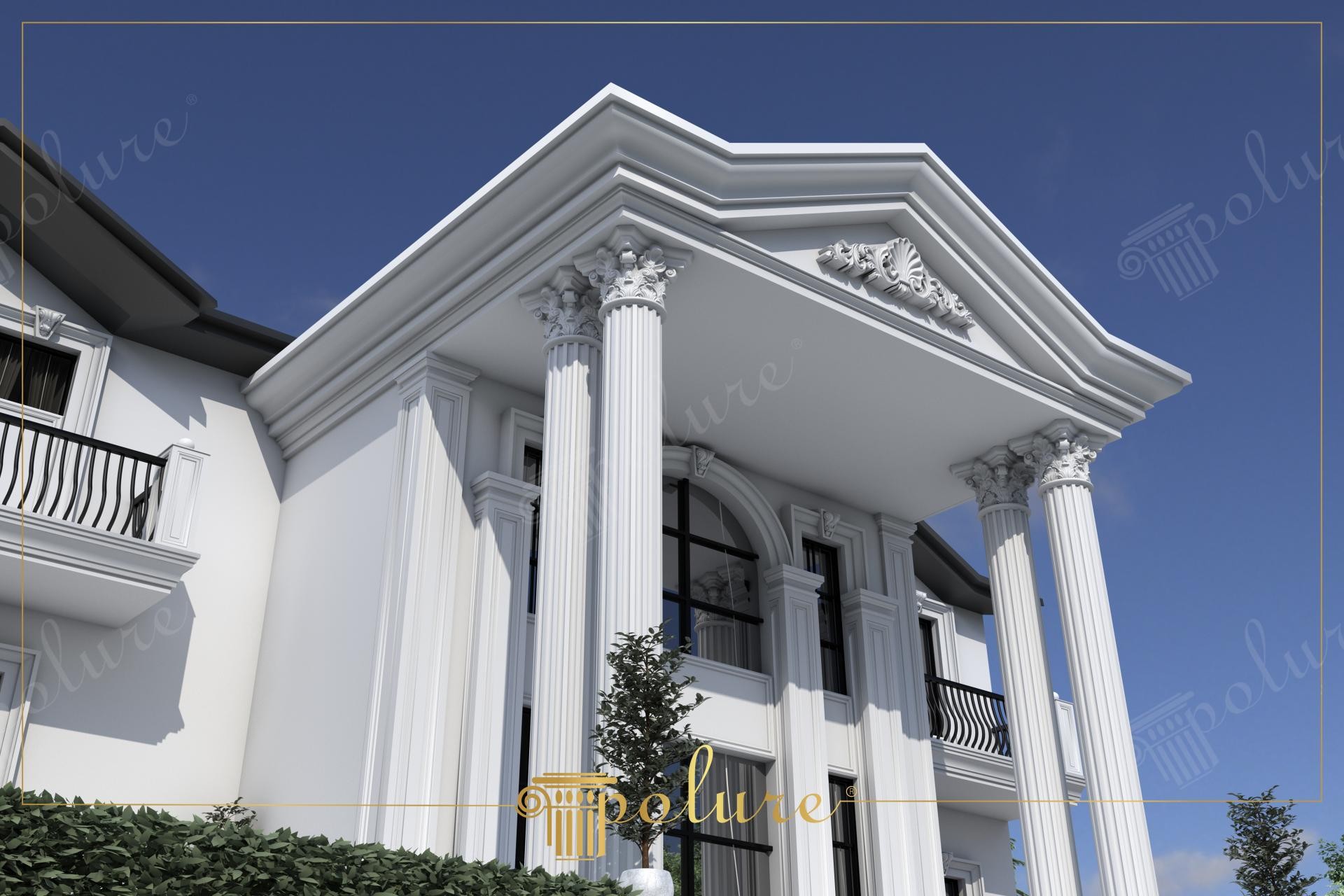 Villa girişinde yivli sütunlar, oymalı pediment ve pencere söveleri ile tasarlanmış görkemli portiko detayı.