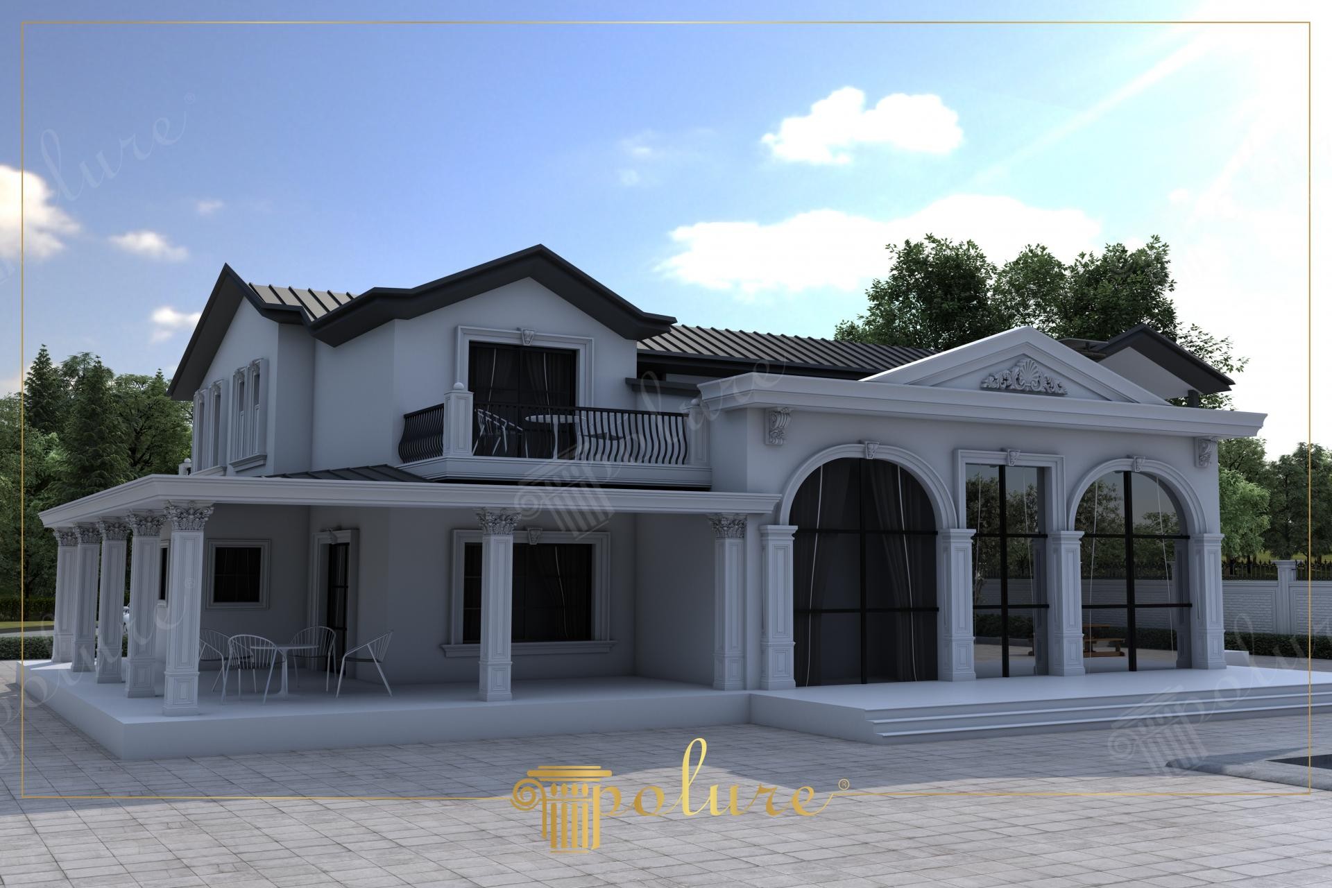 Villanın bahçe cephesinde kemerli yüksek cam pencere söveleri, oymalı pediment ve sütunlu veranda tasarımı.