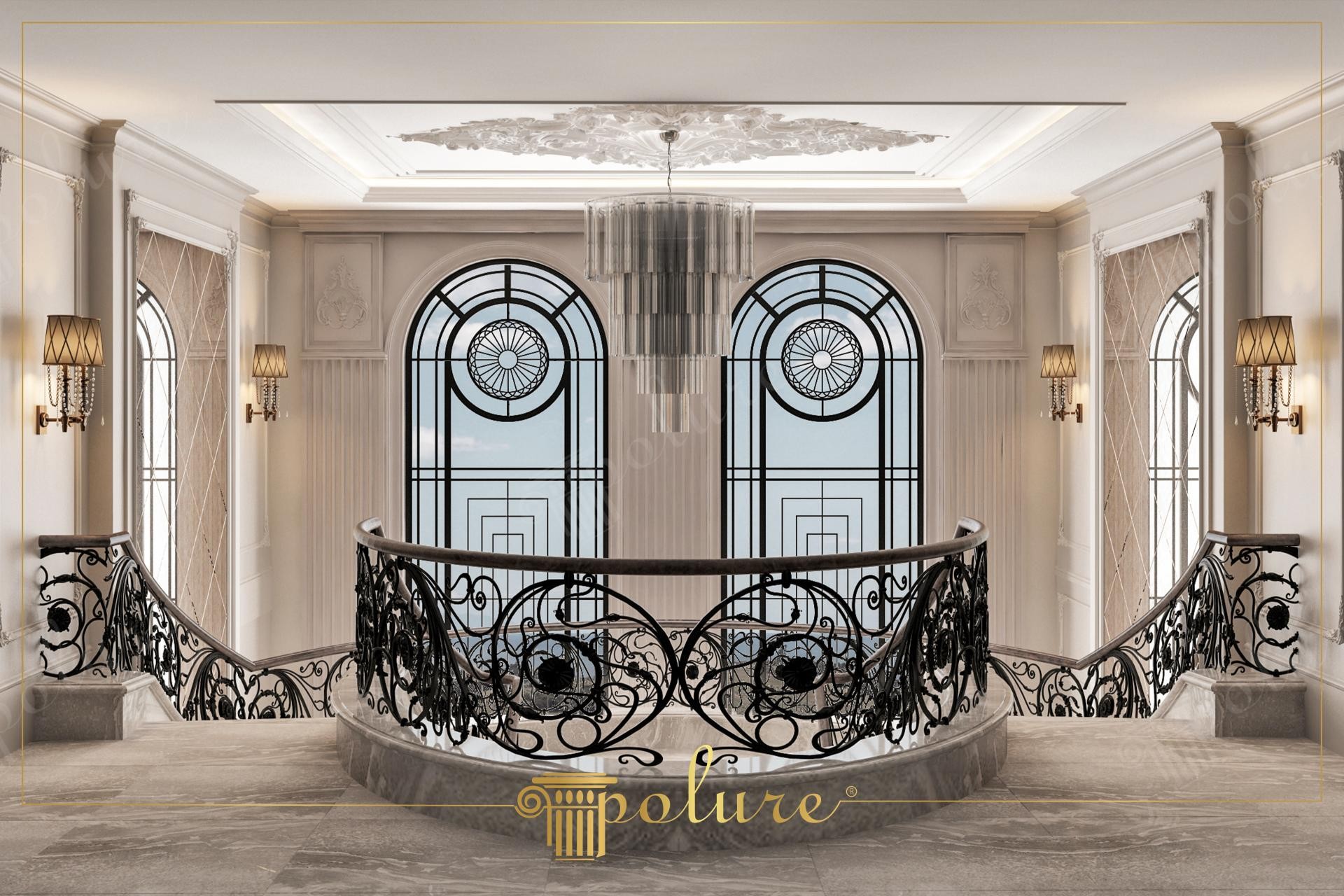 Lüks villa iç mekan galeri alanında ferforje merdiven korkulukları, tavan göbeği ve poliüretan söve pencere çerçeveleri.