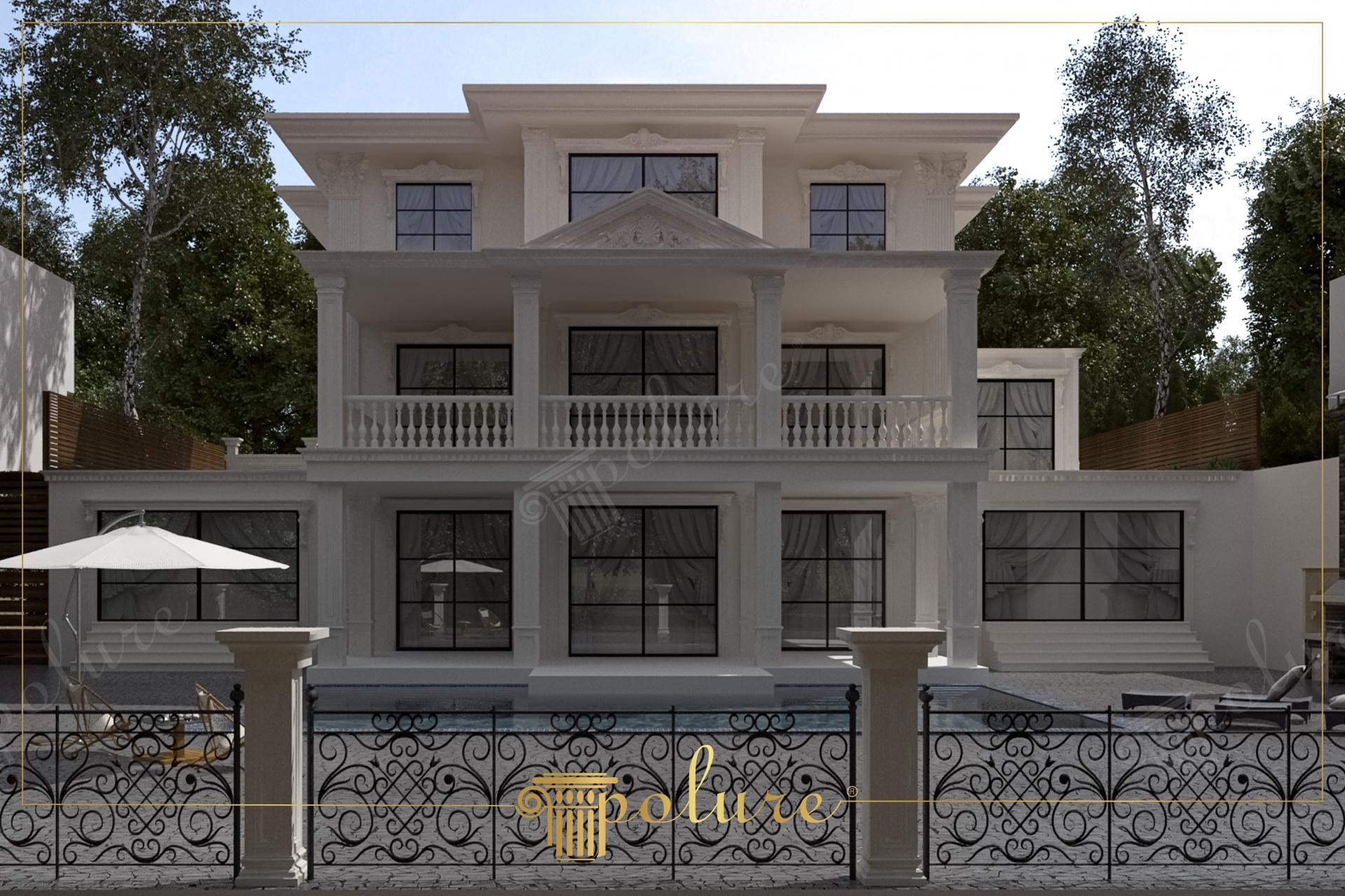 Havuz kenarında beyaz poliüretan söve, sütun, balustrad ve üçgen alınlık detaylarıyla tasarlanmış 3 katlı lüks villa dış cephesi.