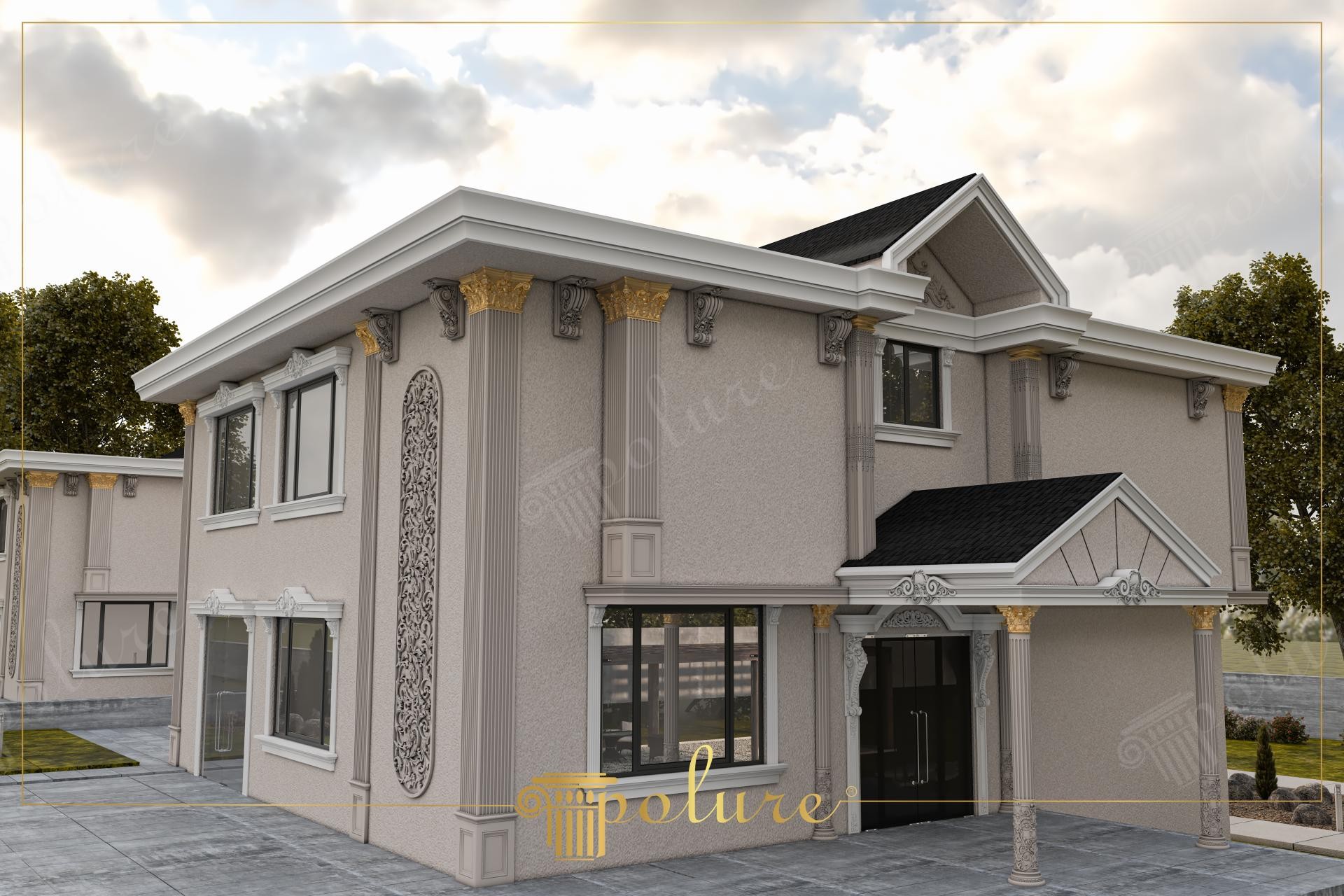 Altın detaylı korint sütun başlıkları, pencere söveleri ve oyma rölyef pano ile dekore edilmiş iki katlı villa dış cephesi.