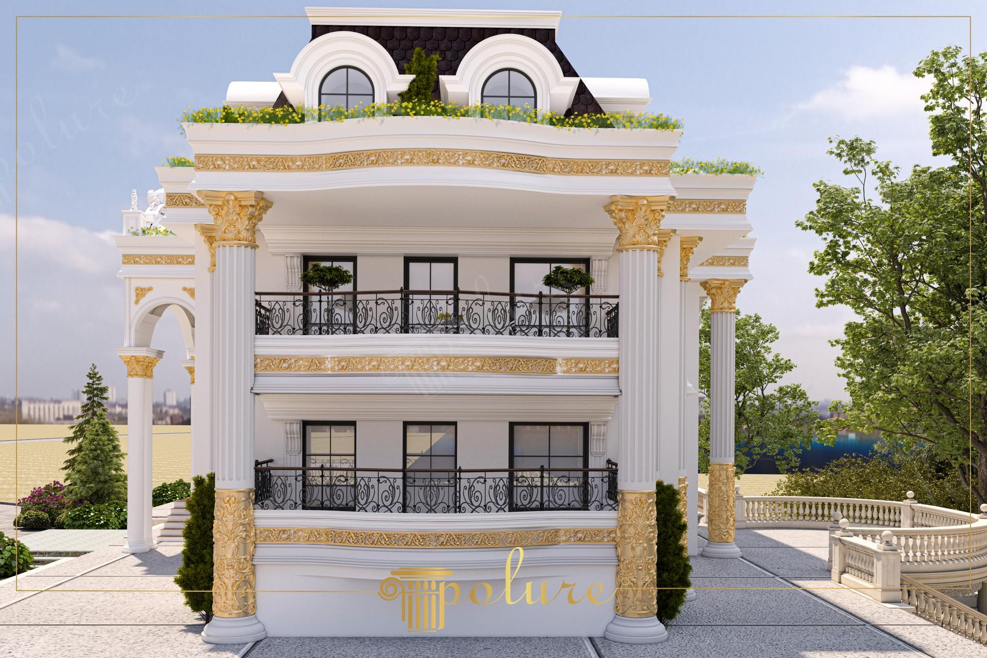 Simetrik ön cephe düzeninde altın varaklı sütunlar, kemerli geçişler ve ferforje balkonlu saray tipi villa kaplaması.