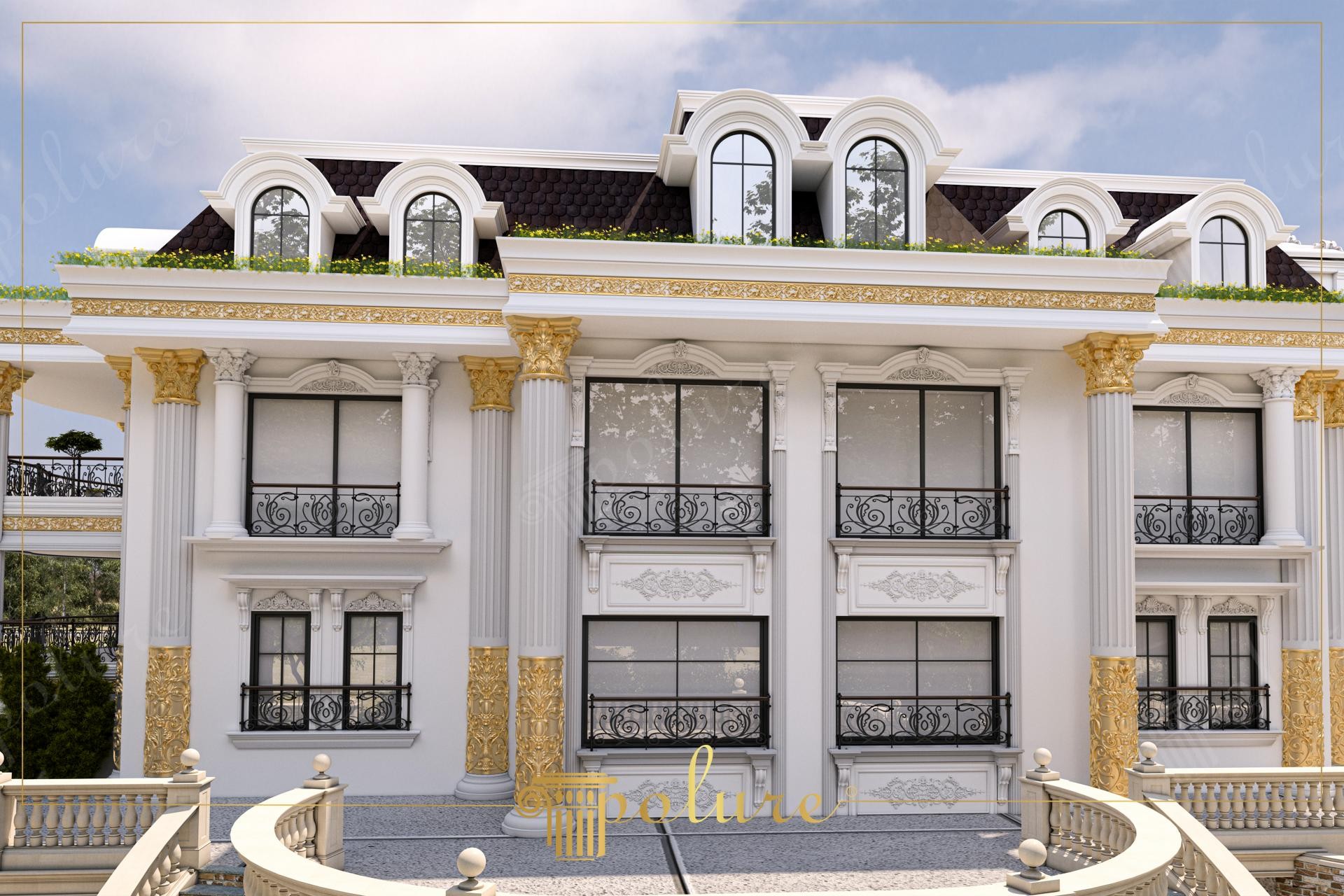 Mansard çatıda kemerli dormer pencereleri, oymalı söve panoları ve ön planda kavisli teras balustradları olan lüks villa cephesi.