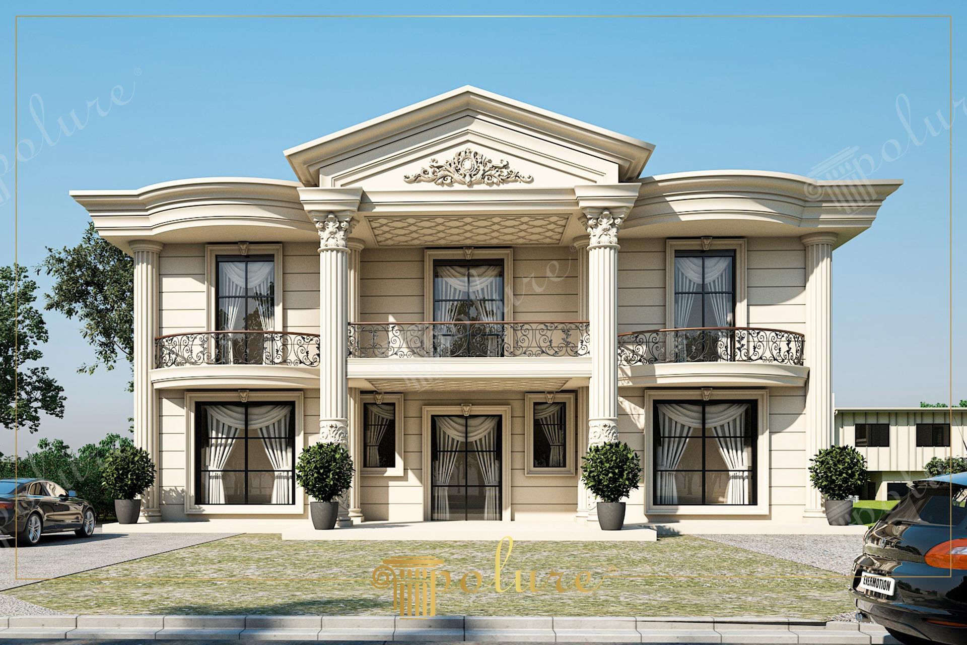 Oymalı üçgen alınlık, yivli sütunlar, fugalı duvarlar ve kavisli balkonlar içeren krem renkli iki katlı villa ön cephesi.