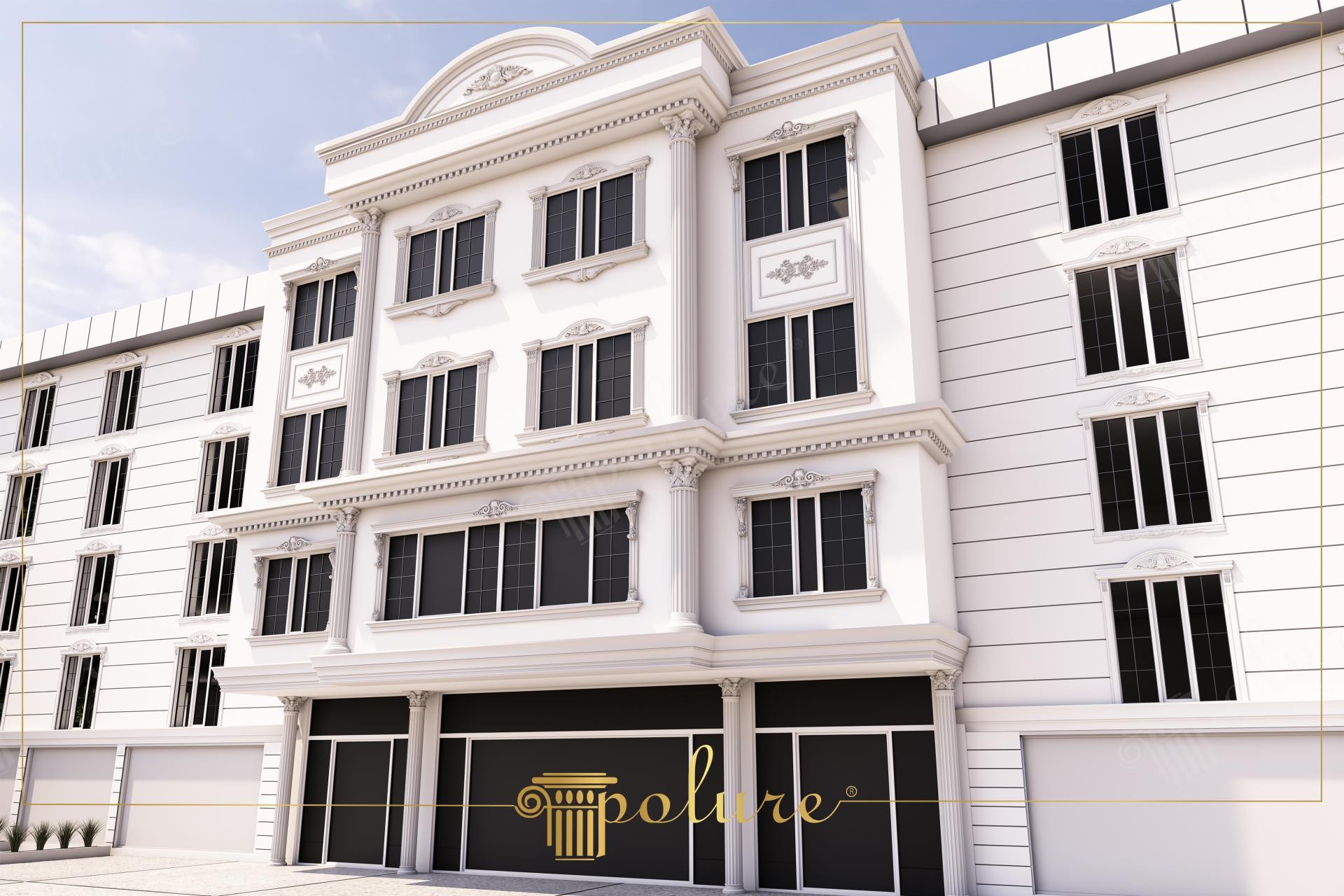 Açıktan yukarı doğru çekilmiş apartman dış cephesinde poliüretan söve çerçeveleri, yivli köşe sütunları ve dekoratif çatı kornişi.