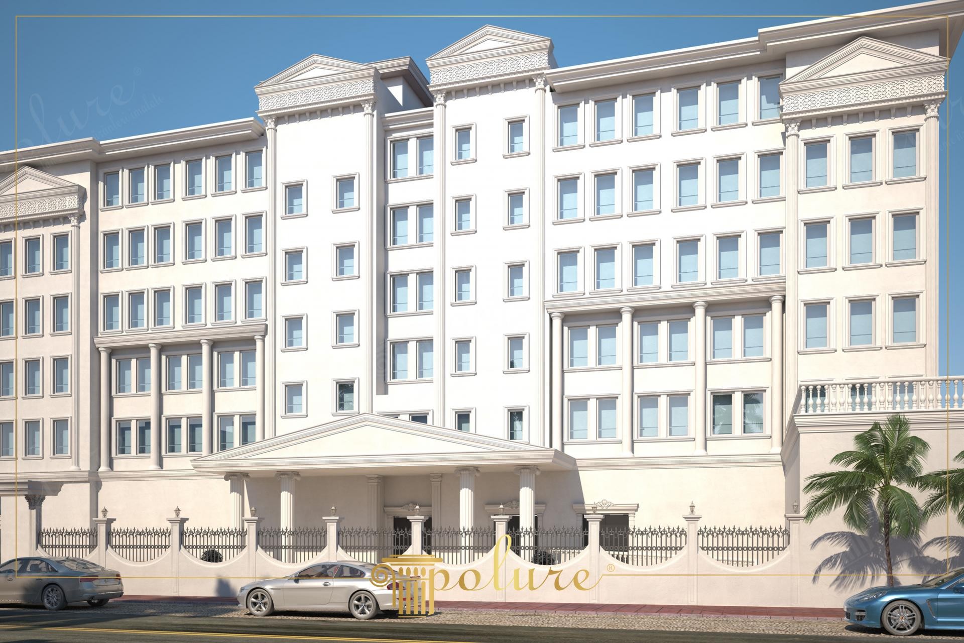 Klasik otel cephesinde üçgen poliüretan pediment alınlık, sütunlu giriş portikosu, pencere sövesi ve balustrat kaplaması.