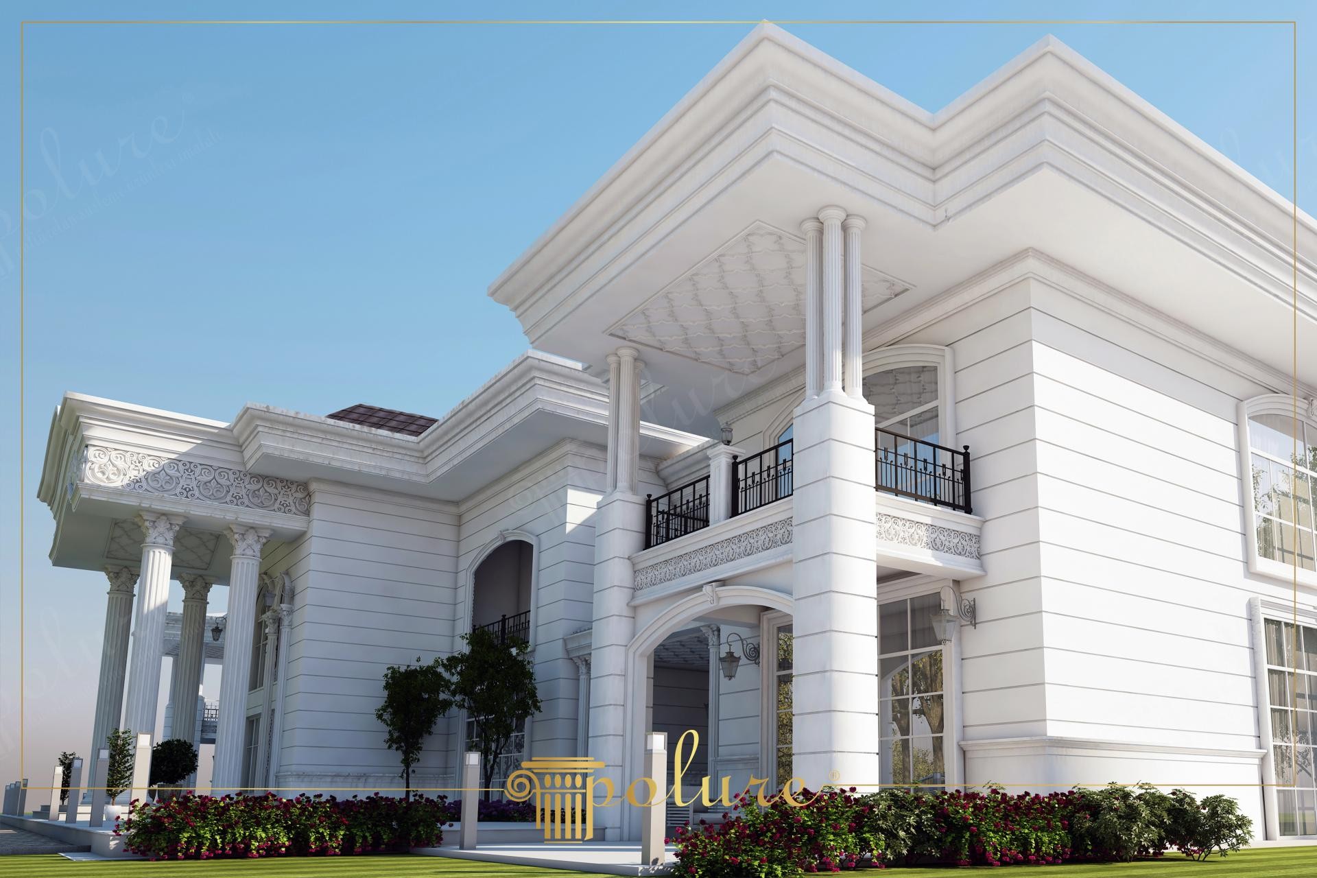 Geniş çatı silmesi, süslü bordürleri ve sütunlu balkonu ile beyaz neoklasik villa dış cephesi
