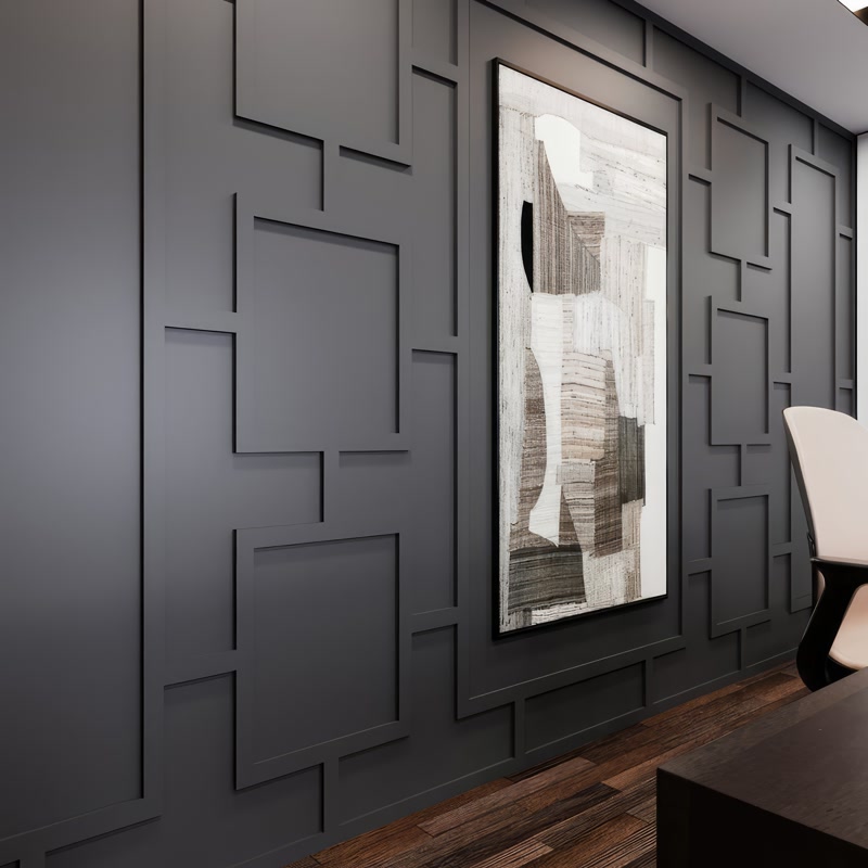 Füme duvar üzerinde birbirine geçişli kare poliüretan duvar çıtaları ve soyut tablo sergilemesi