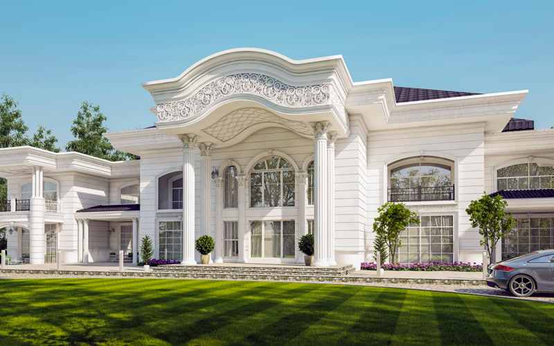Beyaz renkli lüks villa dış cephesinde oymalı kavisli taç profili, yivli sütunlar ve kavisli pencere söve kaplamaları.
