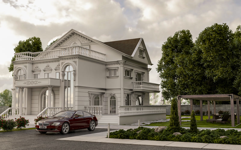 Beyaz renkli klasik villa dış cephesinde balustrad korkuluklar, pencere taç söveleri, çatı payandaları ve park halinde kırmızı otomobil.