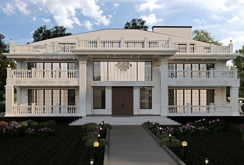 Klasik villa dış cephesinde Korint başlıklı sütunlar, desenli bordürler ve beyaz balustrad korkuluklar