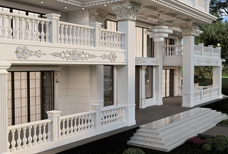 Altın detaylı sütun başlıkları, rölyef bordürler ve balustradlı villa verandası detayı