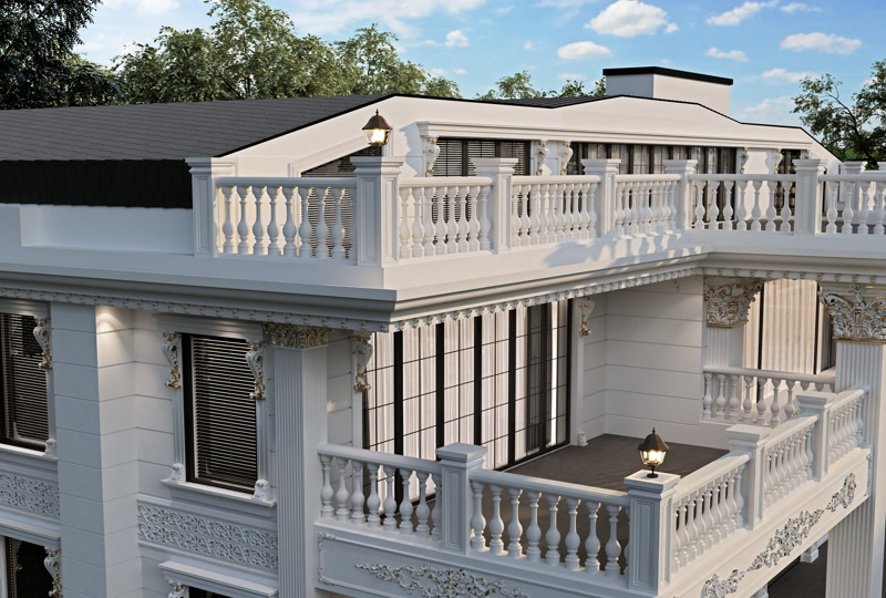 Villa çatı terasında balustrad korkuluklar, altın detaylı payandalar ve söveli pencere tasarımı
