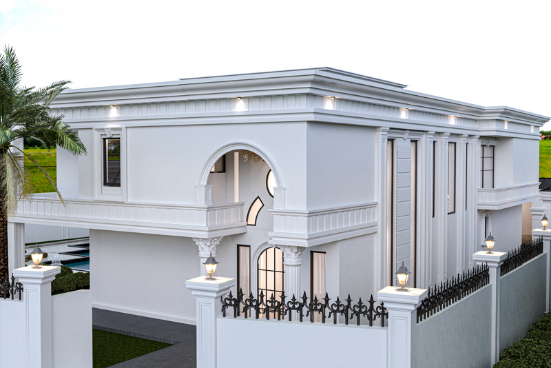 Kemerli girişi ve dikey oluklu pilaster söveleri bulunan beyaz villanın dış cephe kat silmesi ve aydınlatma detayları