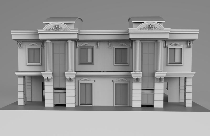 İki katlı simetrik klasik villa cephesinde yivli sütunlar, pencere taçları, konsollar ve poliüretan söve 3D çizimi.